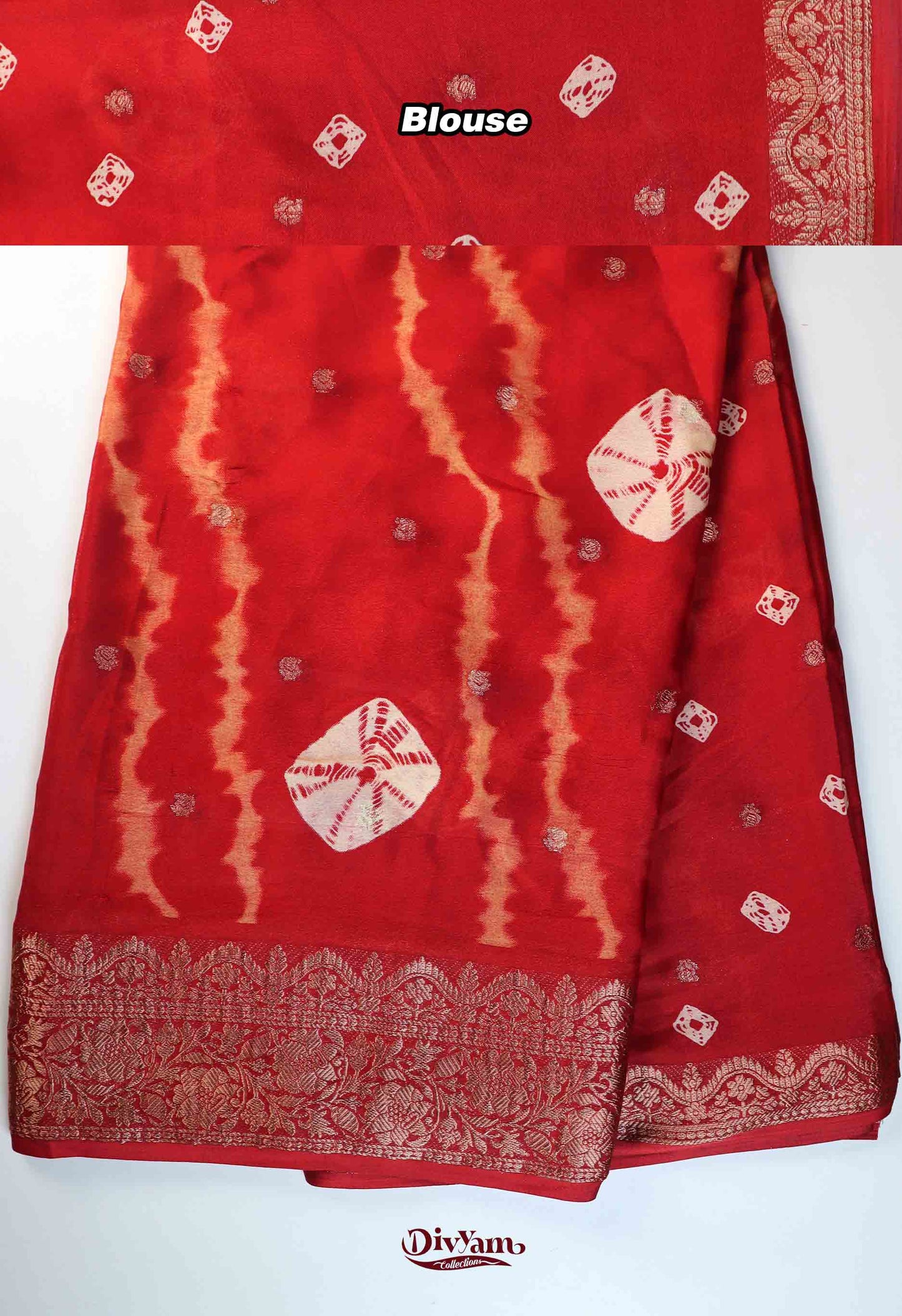 DC275 | Soft Chinon Crepe Silk Saree with Bandhini Shibori Design & Gold Zari Border