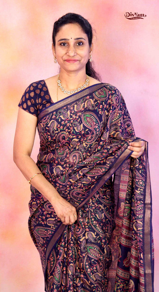 DC184 | Budget Cotton Blend Tassel Silk Saree with Kashmiri Style Print & Plain Blouse | ₹687 Collection