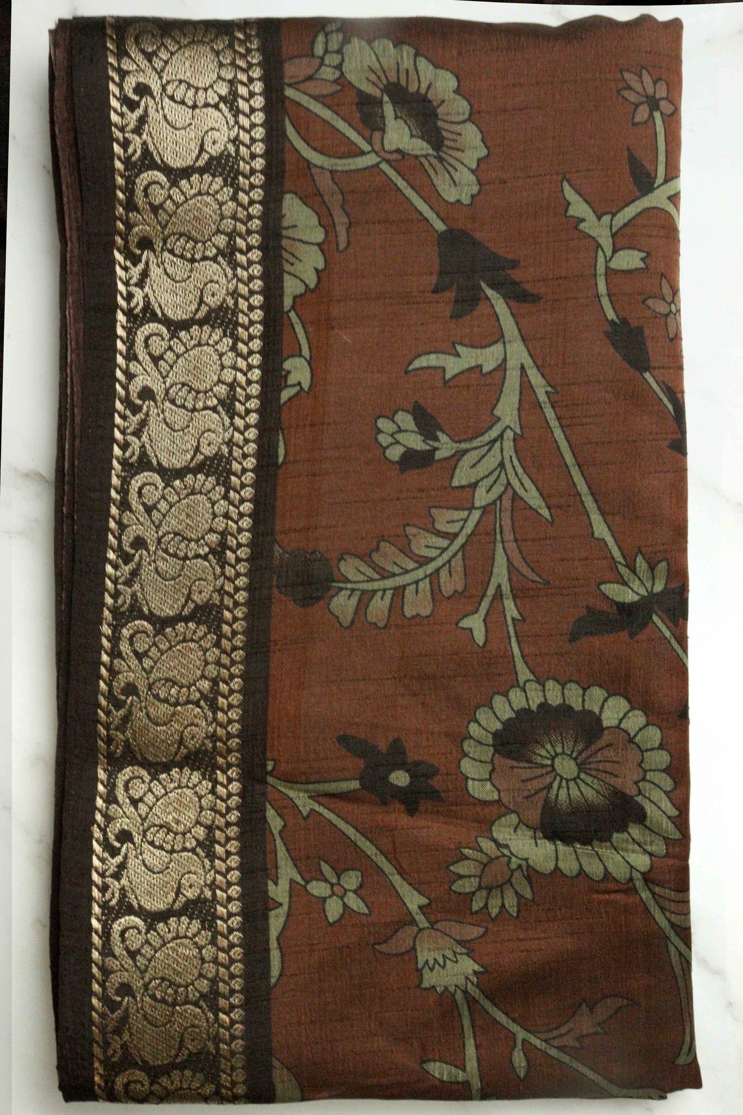 DCMS39 Rust Brown Maheshwari Silk Sarees with Narayanapattu Border & Kalamkari Print