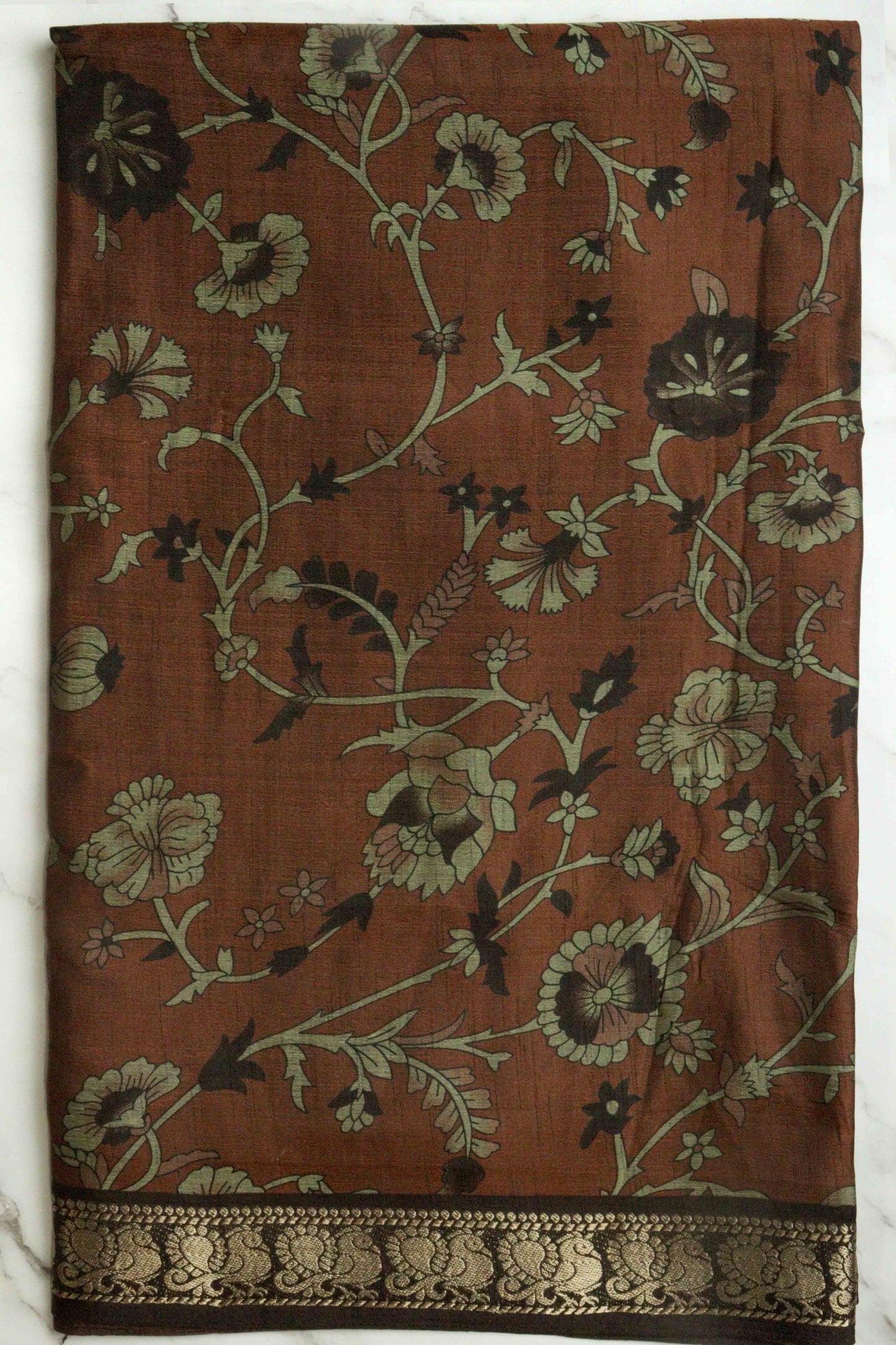 DCMS39 Rust Brown Maheshwari Silk Sarees with Narayanapattu Border & Kalamkari Print