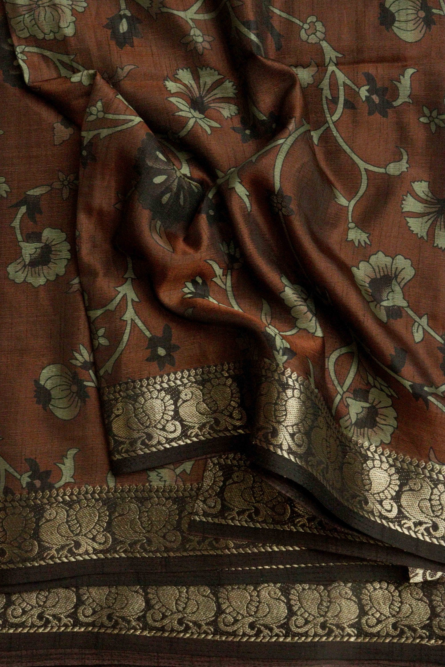 DCMS39 Rust Brown Maheshwari Silk Sarees with Narayanapattu Border & Kalamkari Print