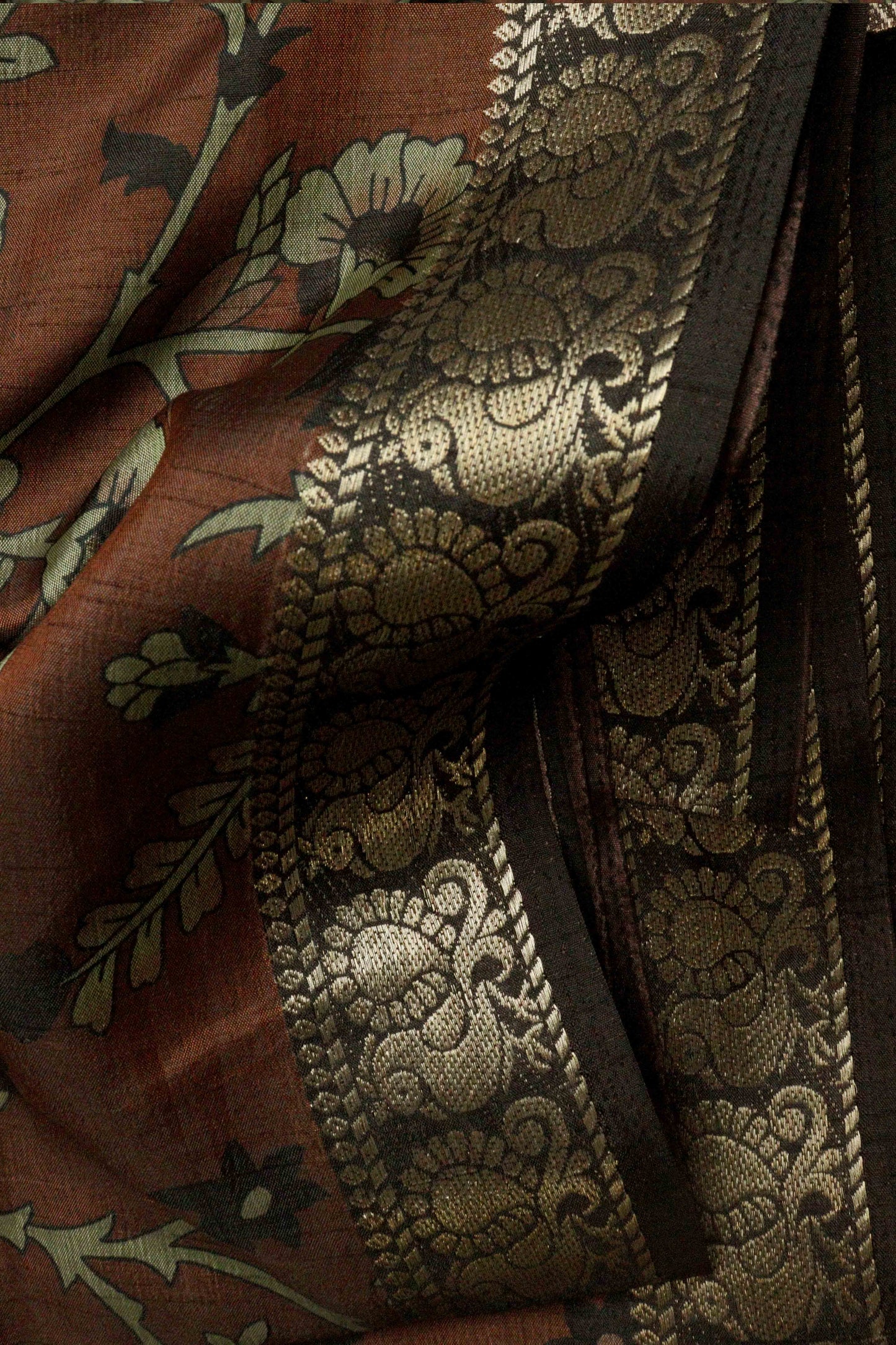 DCMS39 Rust Brown Maheshwari Silk Sarees with Narayanapattu Border & Kalamkari Print
