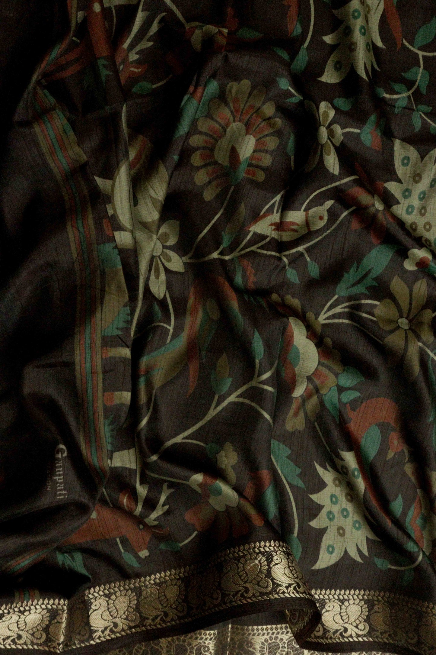 DCMS39 Rust Brown Maheshwari Silk Sarees with Narayanapattu Border & Kalamkari Print