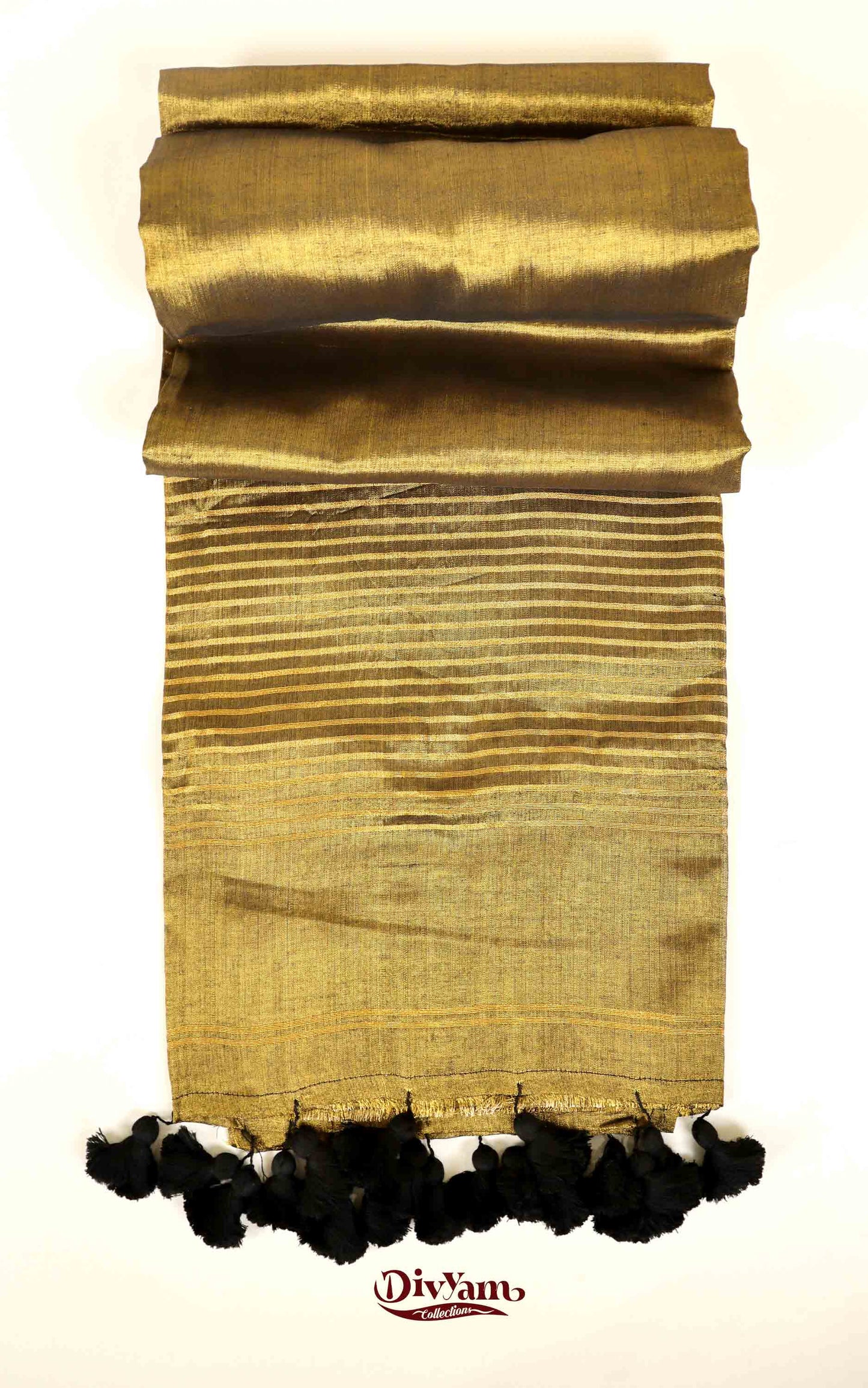 DC166 | Tissue Linen Saree with Golden Zari & Pom-Pom Tassels | Lightweight Festive Wear Saree