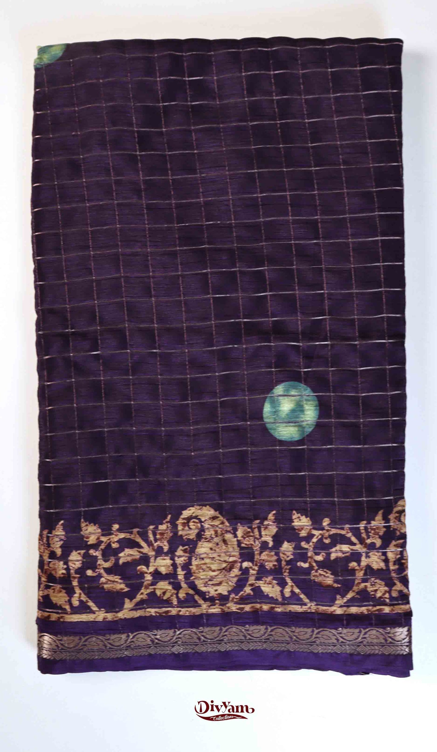DC177 | Premium Chinon Crêpe Pattachitra Hand-Painted Saree with Jari Checks & Floral Accents