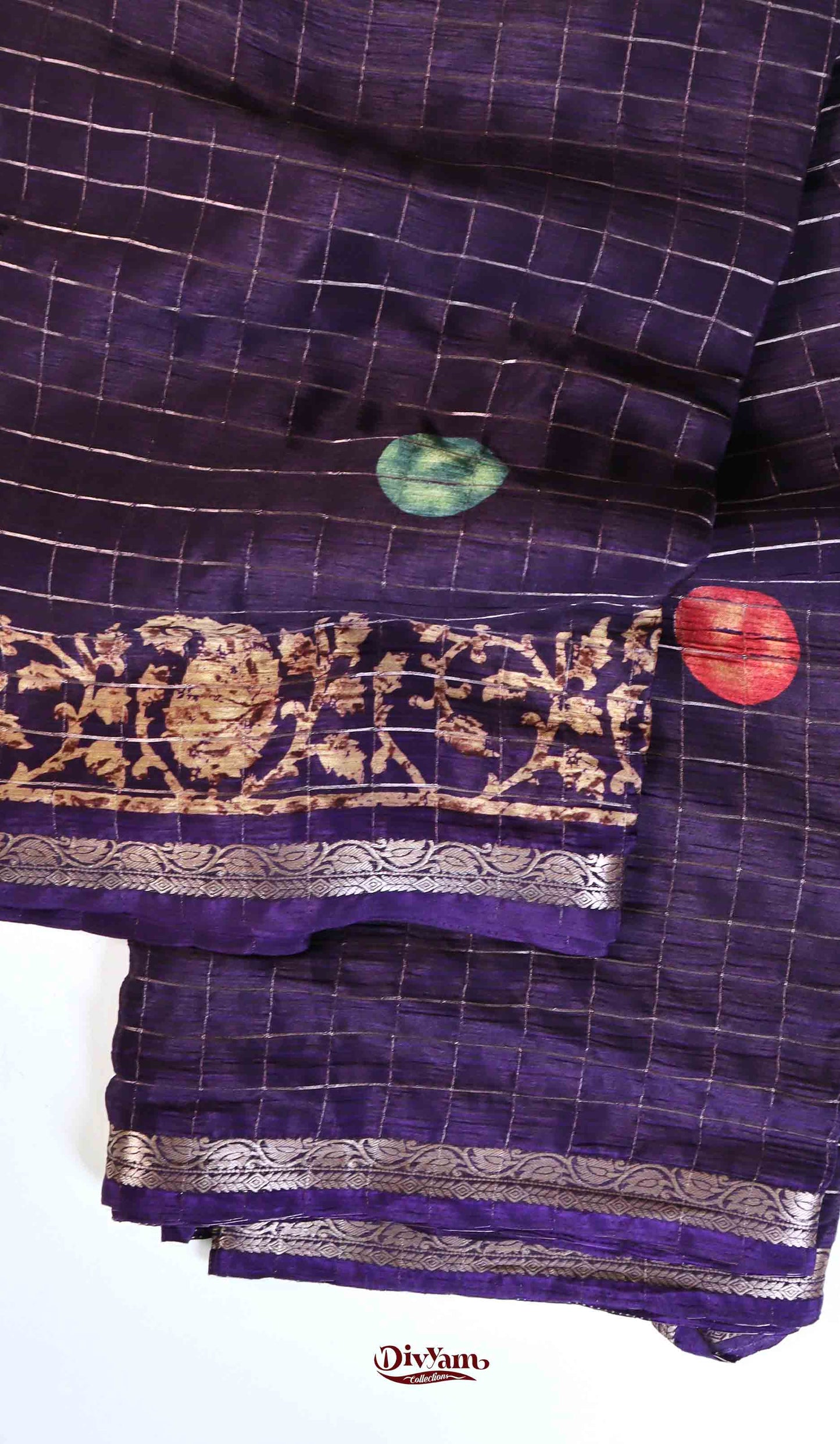DC177 | Premium Chinon Crêpe Pattachitra Hand-Painted Saree with Jari Checks & Floral Accents