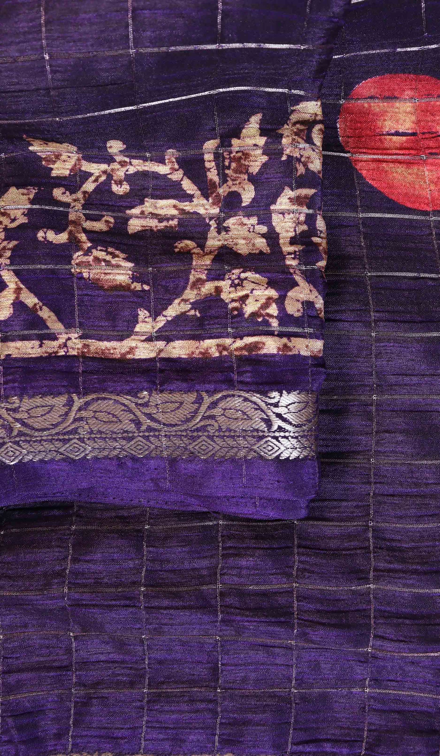 DC177 | Premium Chinon Crêpe Pattachitra Hand-Painted Saree with Jari Checks & Floral Accents