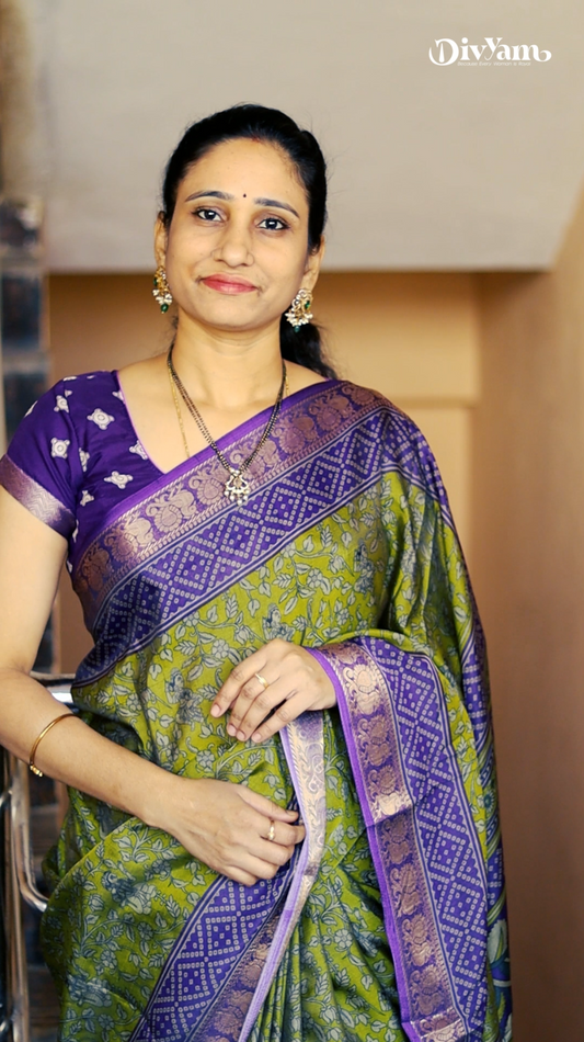 DC83 | Maheshwari Silk Sarees – Narayanapattu Border & Kalamkari Print with bhandini border