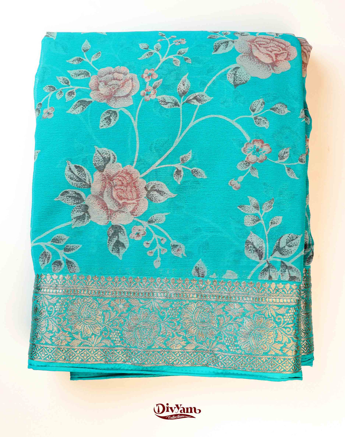 DC278 | Premium Chiffon Saree with Rose Floral Print & Rich Jari Border