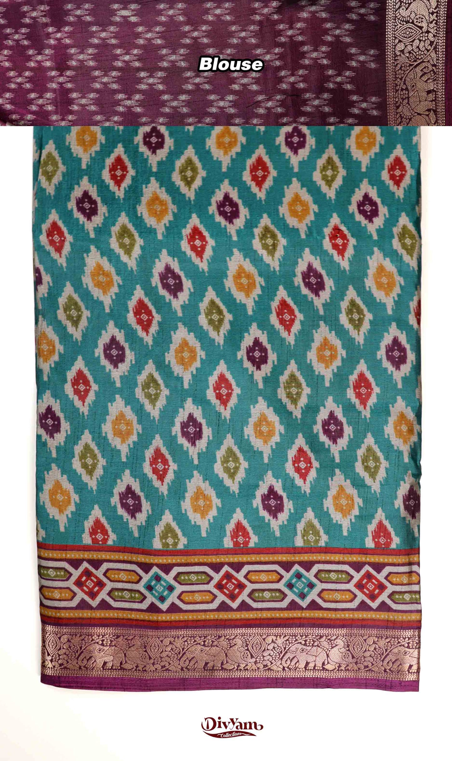 DC230 | Maheswari Silk Saree with Ikat Print & Pichwai Zari Border