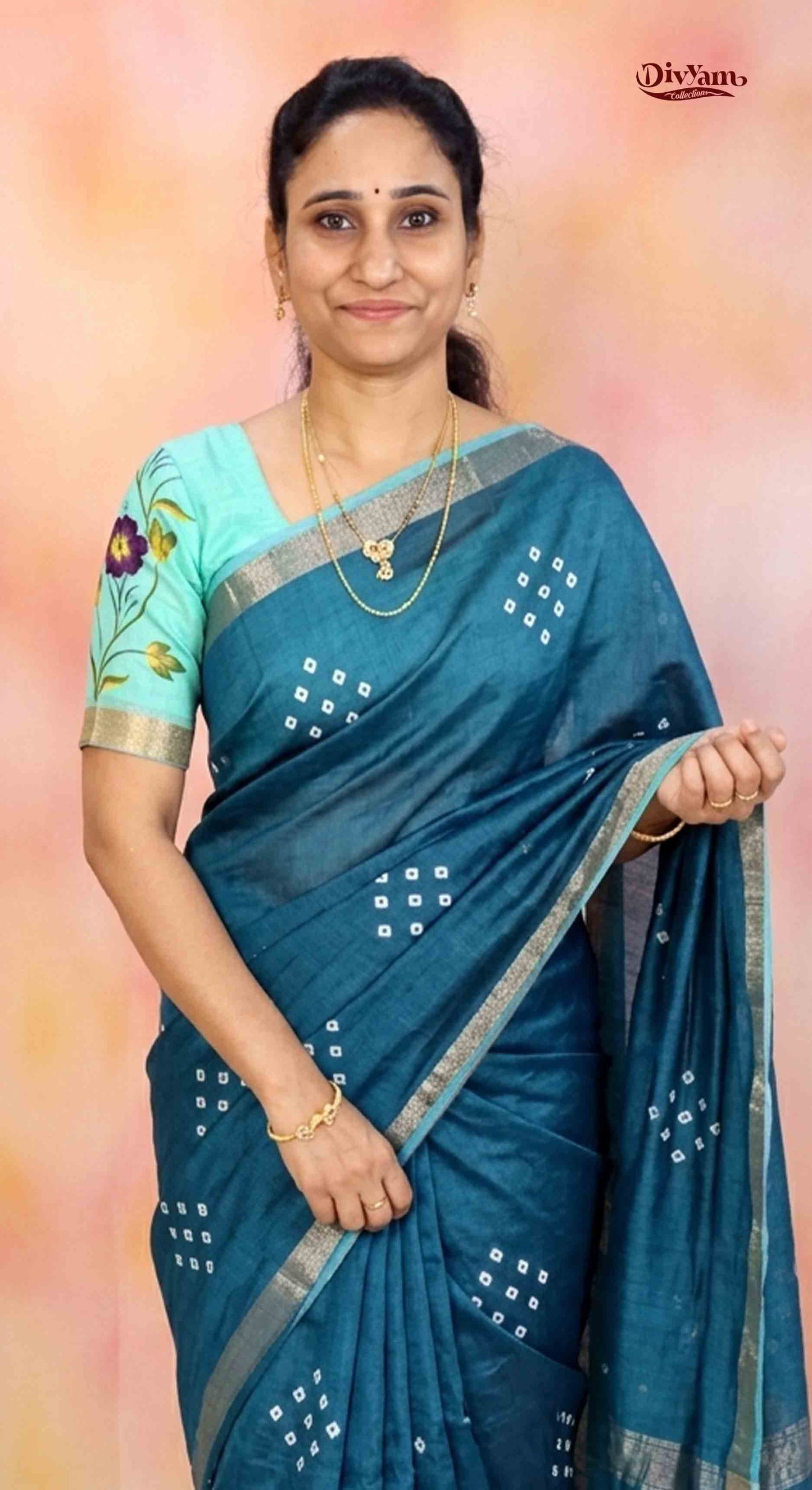DC191 | Cotton Silk Blend Bandini Print Saree with Floral Brush Blouse