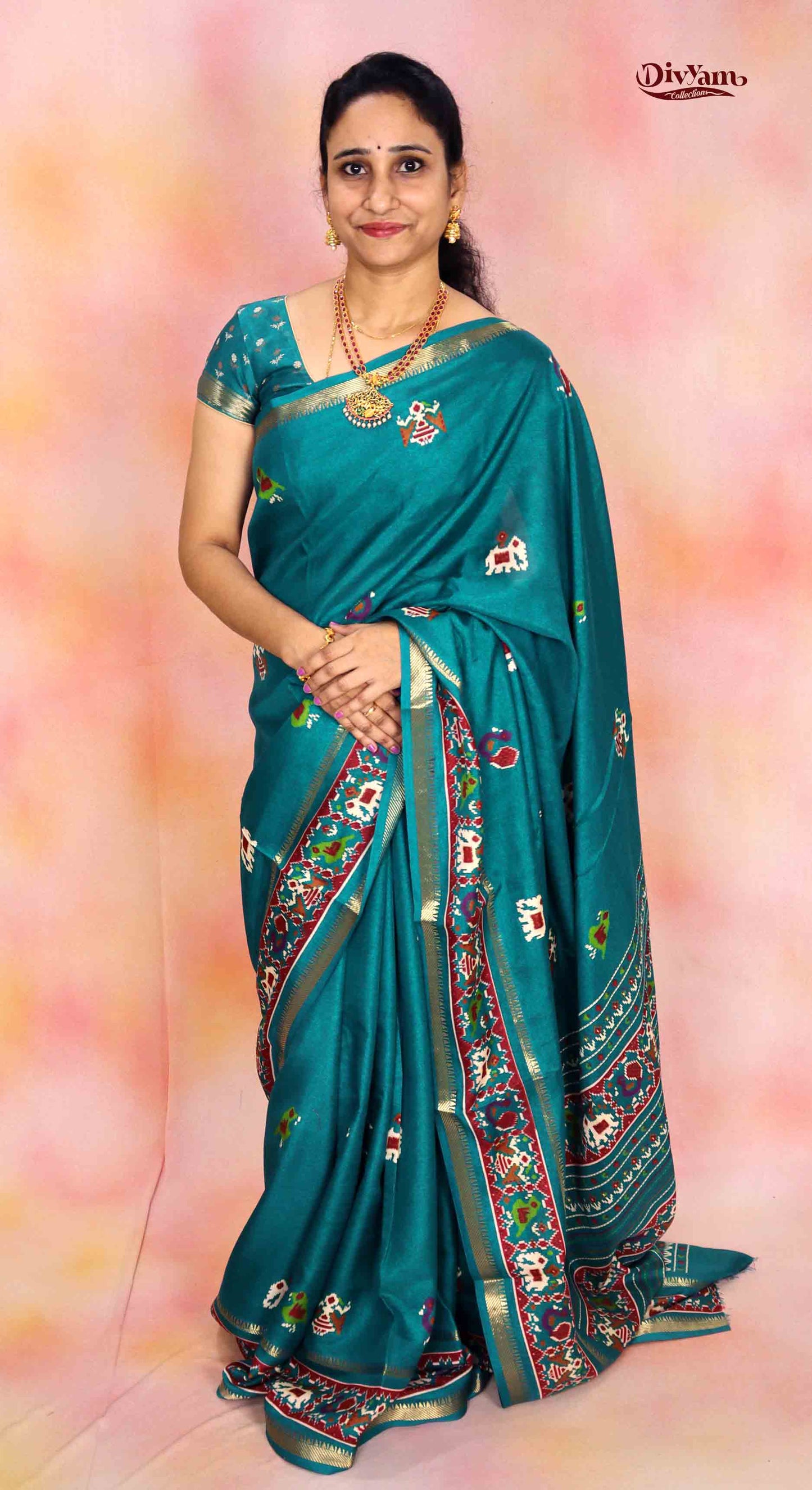 DC238 | Soft Silk Saree with Patola Design & Zari Temple Gap Border