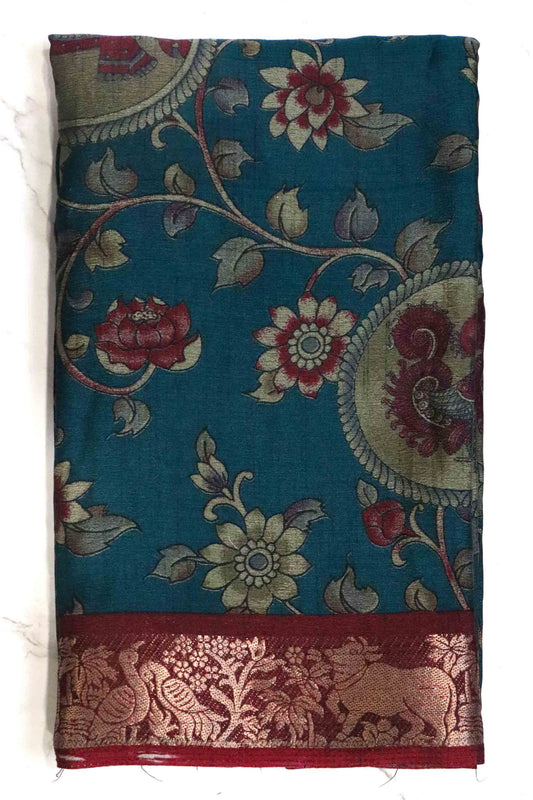 DC117 | Maheshwari Silk Saree with Kalamkari Print & Traditional pichwai animals weaving Border | Contrast Running Blouse | 6-Colour Catalogue