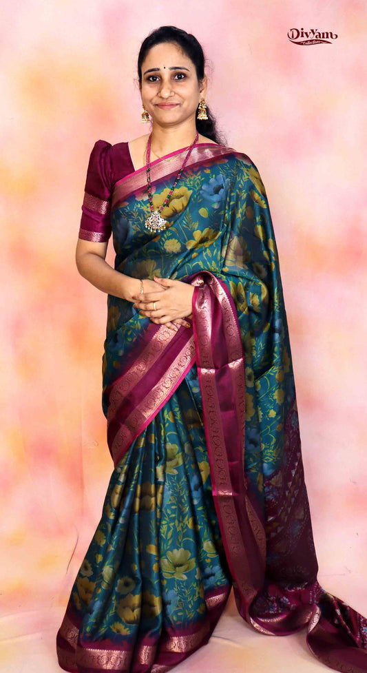 DC215 | Fancy Soft Silk Saree with Floral Print & Gap Border