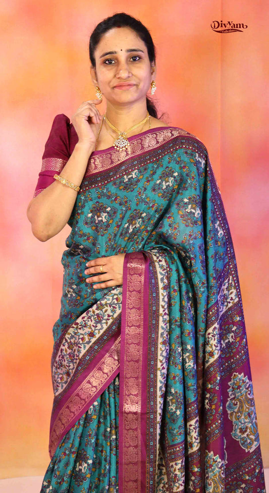 DC182 | Designer Maheshwari Silk Saree with Elephant Motifs & Kalamkari Border | New Color Combos