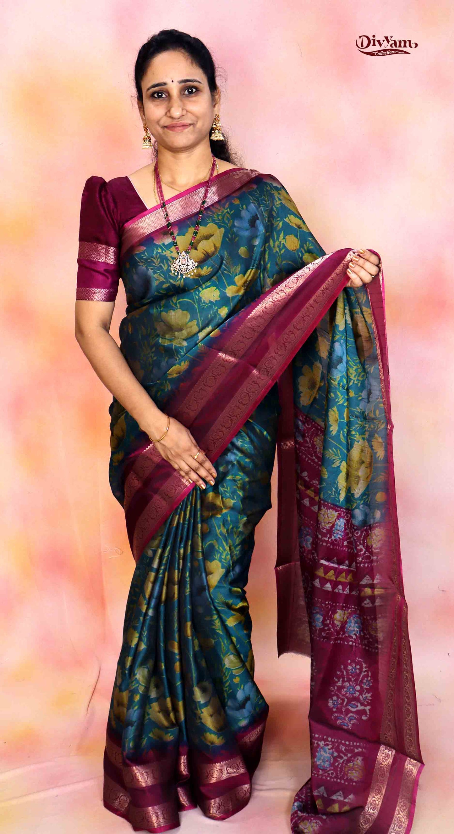 DC215 | Fancy Soft Silk Saree with Floral Print & Gap Border