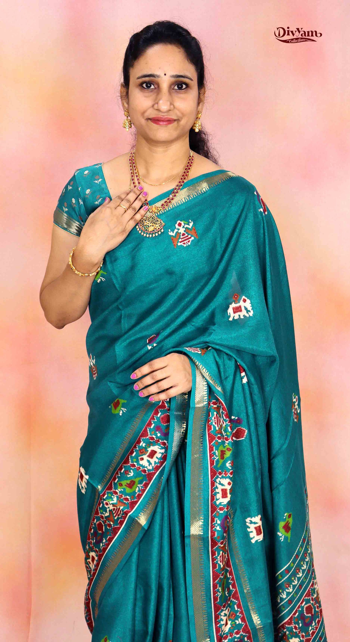 DC238 | Soft Silk Saree with Patola Design & Zari Temple Gap Border