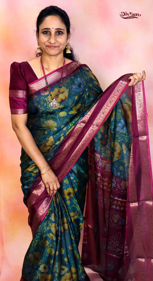 DC215 | Fancy Soft Silk Saree with Floral Print & Gap Border