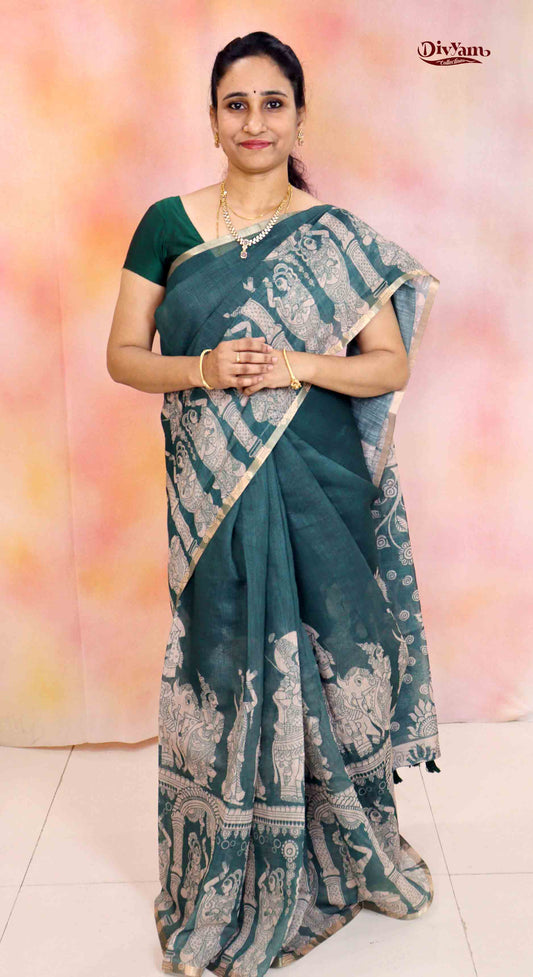 DC193 | Linen Cotton Kalamkari Design Saree with Motif Blouse | Soft Everyday Drape