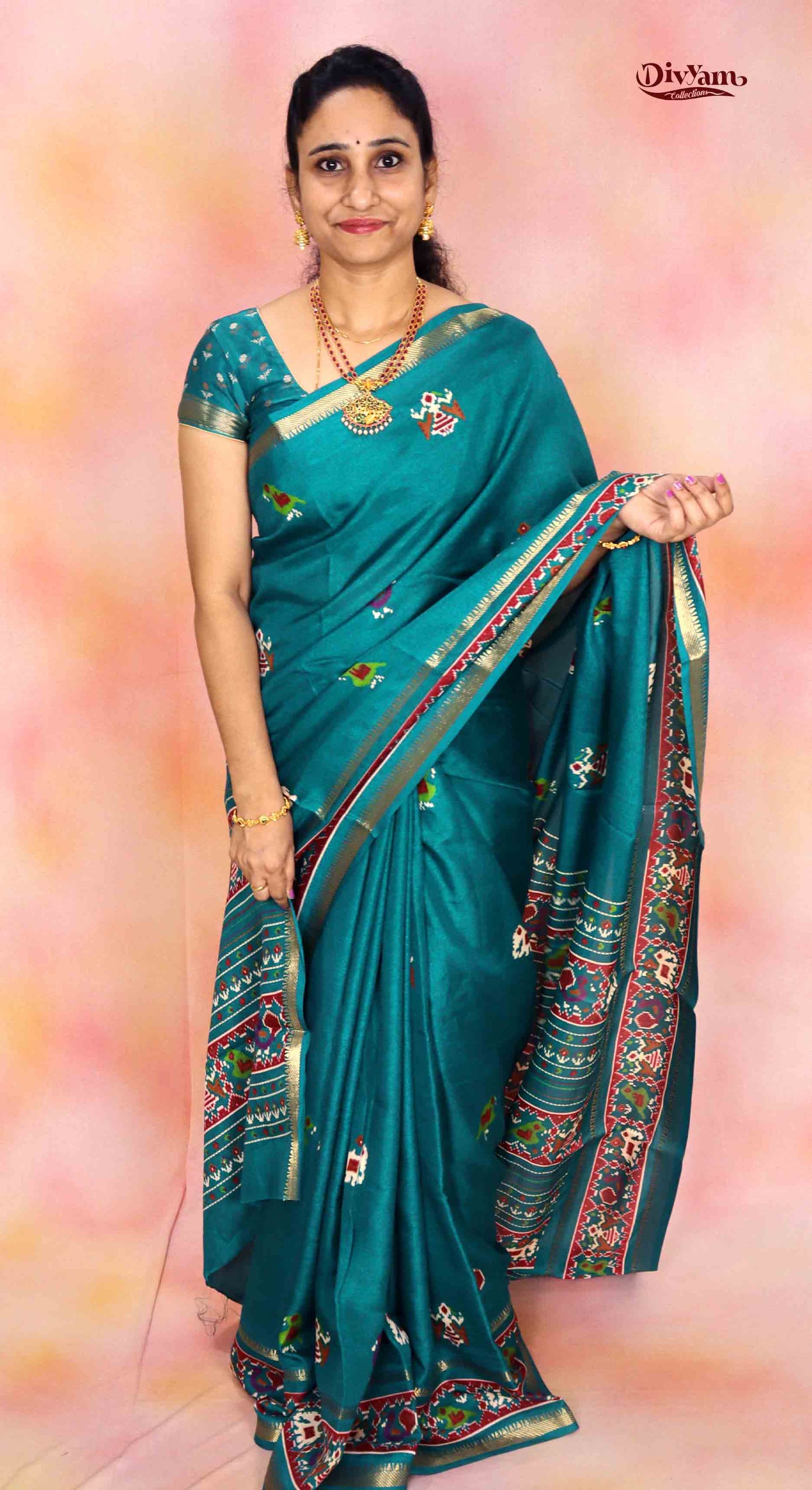 DC238 | Soft Silk Saree with Patola Design & Zari Temple Gap Border