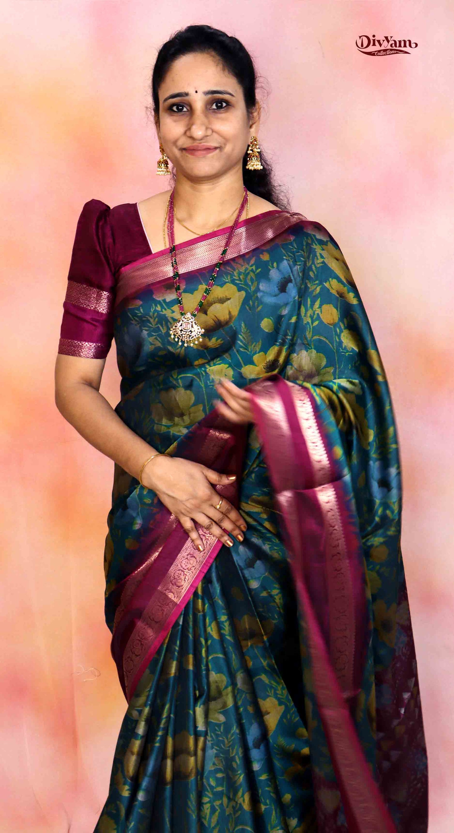 DC215 | Fancy Soft Silk Saree with Floral Print & Gap Border
