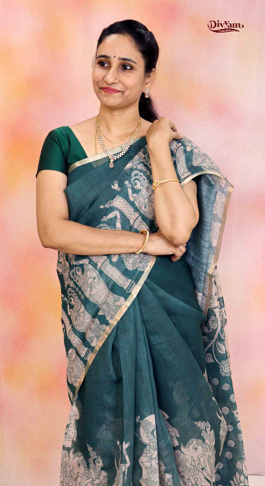 DC193 | Linen Cotton Kalamkari Design Saree with Motif Blouse | Soft Everyday Drape
