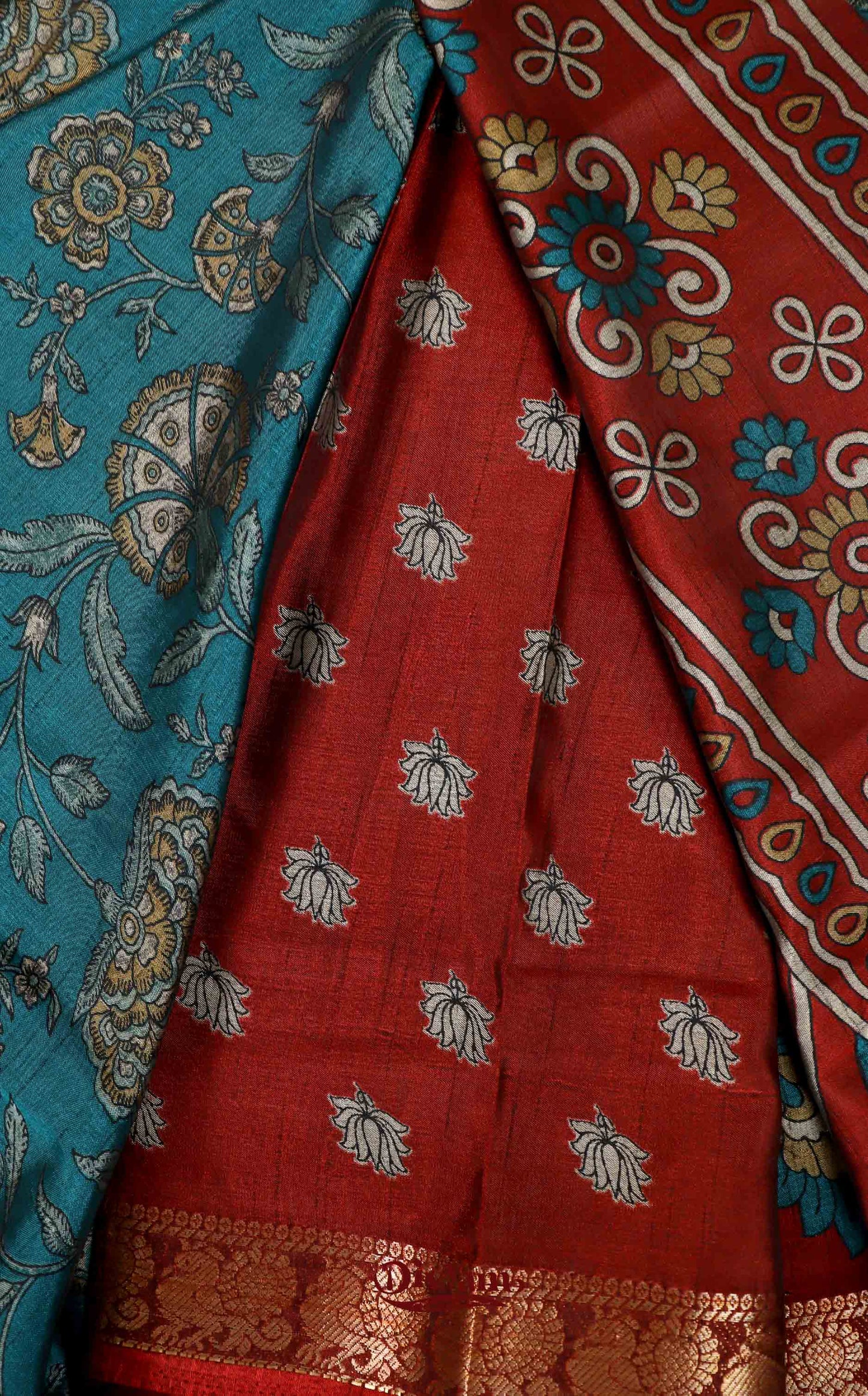 DC149| Maheshwari Silk Saree with Narayanapet & Hamsa Jari Border | Kalamkari Floral Print Saree