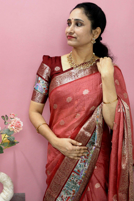 Peach Pink Designer Silk Saree – Double Border with Pichwai Print