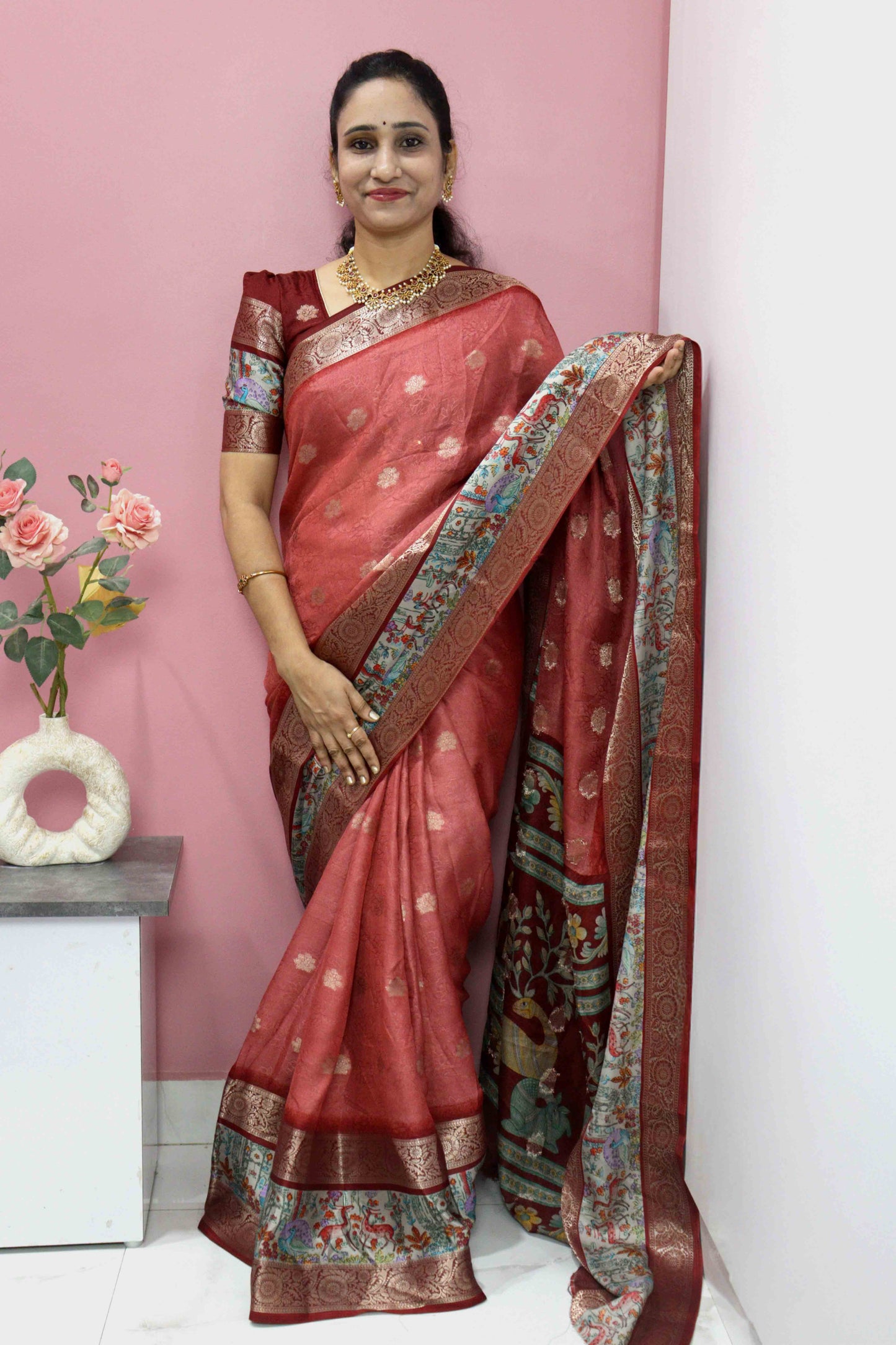 Peach Pink Designer Silk Saree – Double Border with Pichwai Print