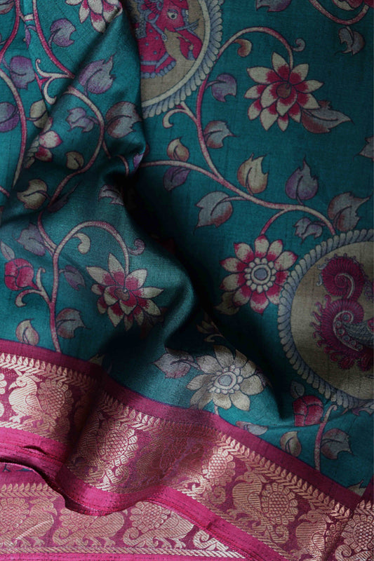 II Maheshwari Silk Saree with Narayana Pattu Border – Sea Green with Magenta Border
