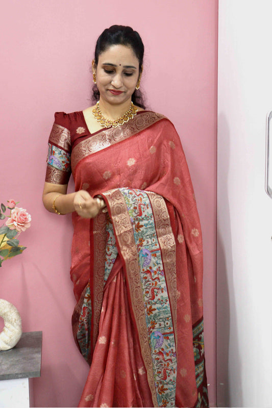 Peach Pink Designer Silk Saree – Double Border with Pichwai Print
