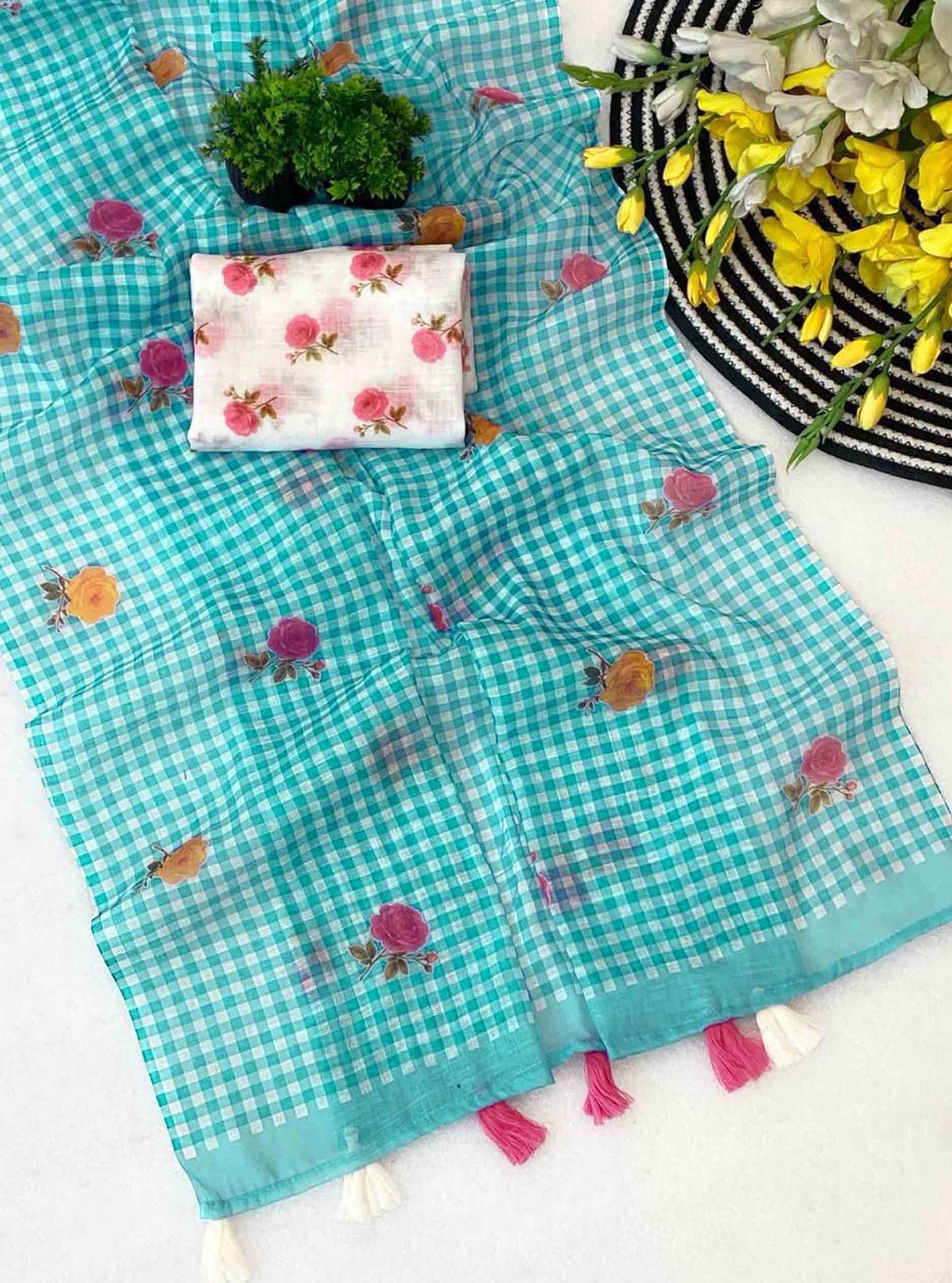 DC178 | Jute Linen Checks Saree with Floral Motifs & Printed White Blouse | Trending Collection