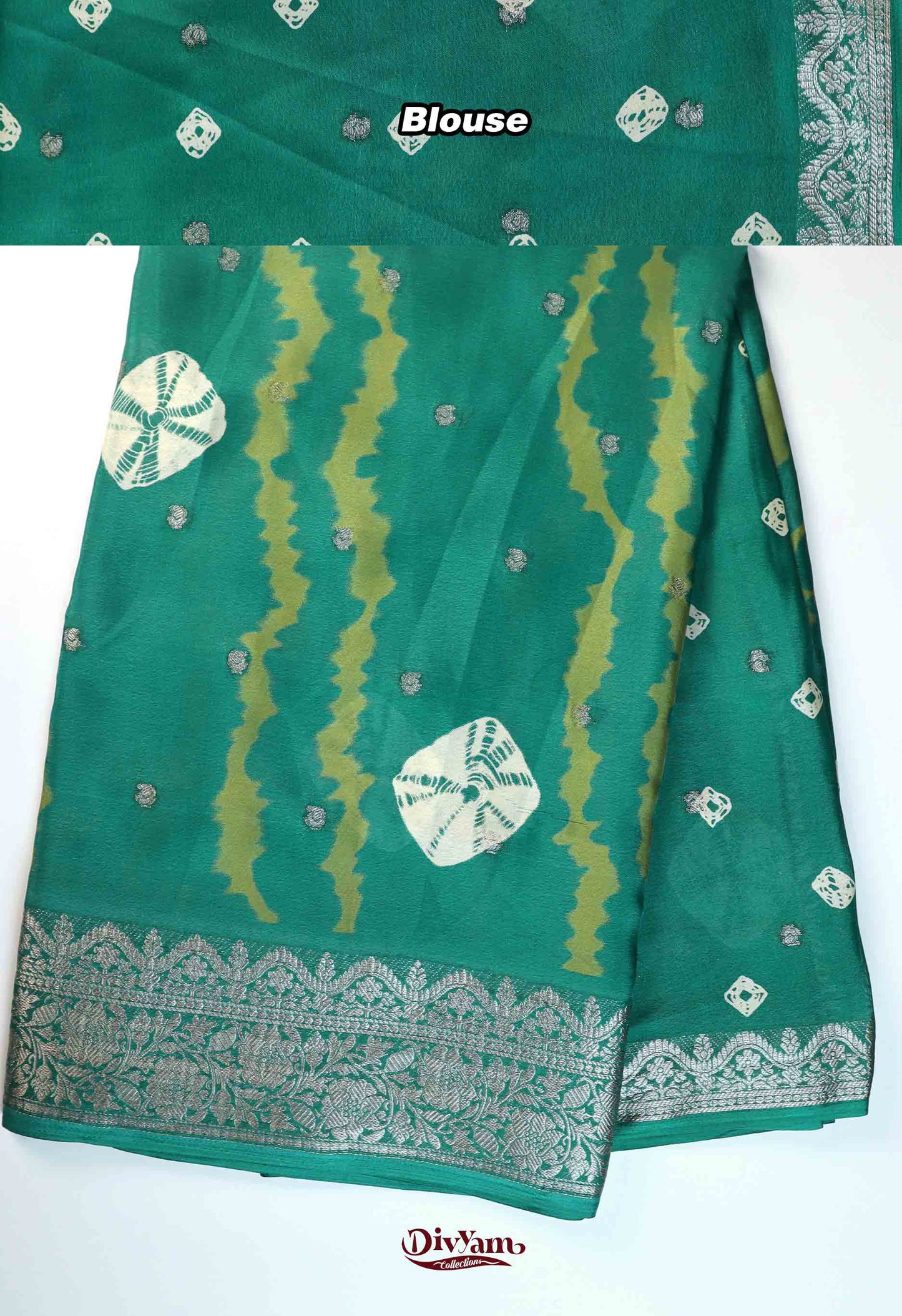 DC275 | Soft Chinon Crepe Silk Saree with Bandhini Shibori Design & Gold Zari Border