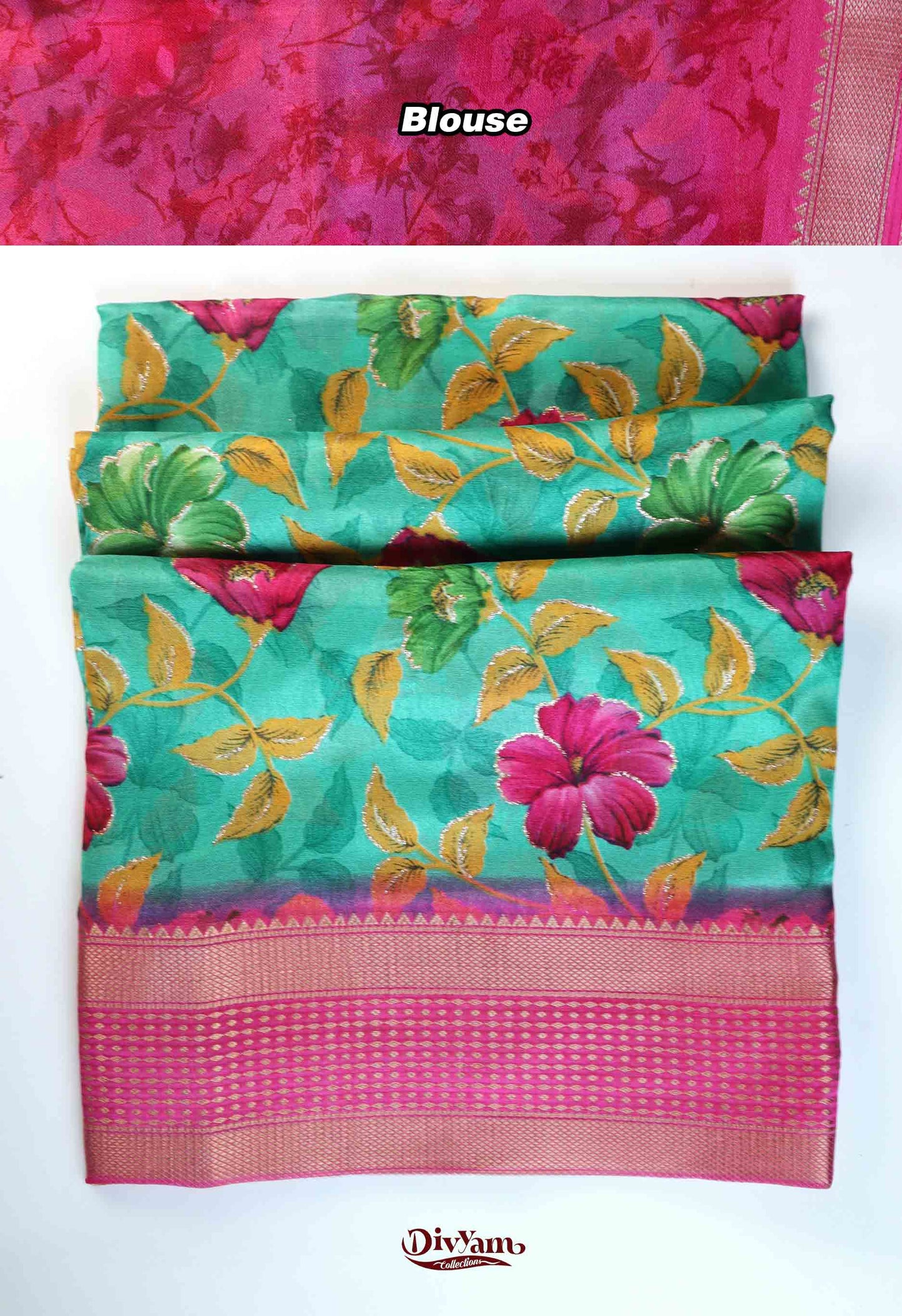 DC276 | Dull Moss Georgette Saree with Floral Print & Glitter Highlights