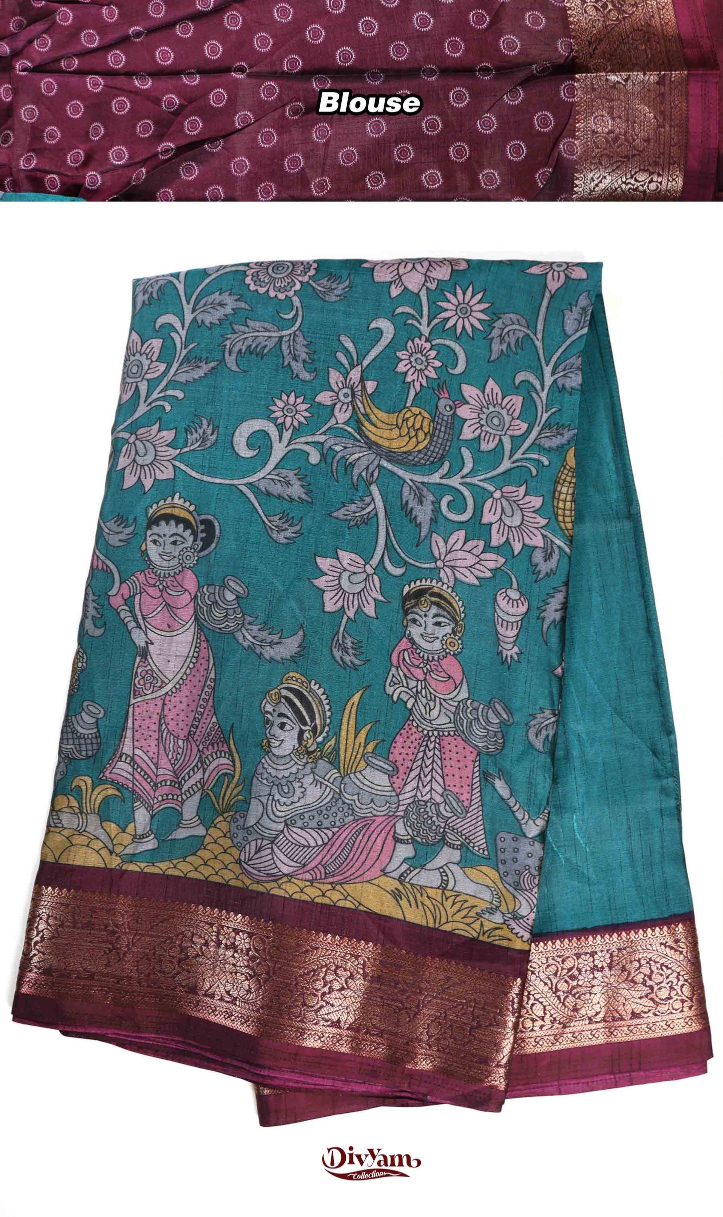 DC234 | Maheshwari Silk Saree with Floral & Dancing Dolls Kalamkari Design | Flora Zari Border