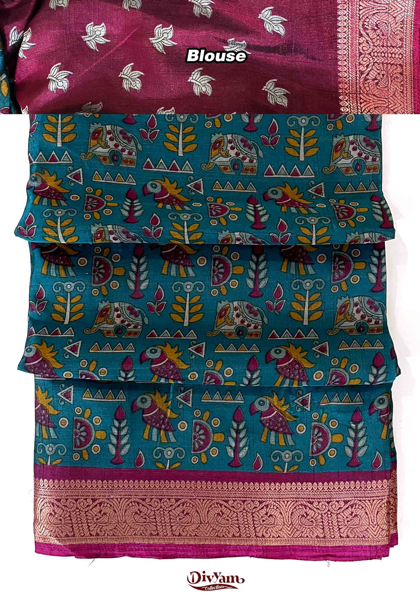 DC277 | Maheshwari Silk Saree with Kalamkari Animal Print & Rich Jari Border