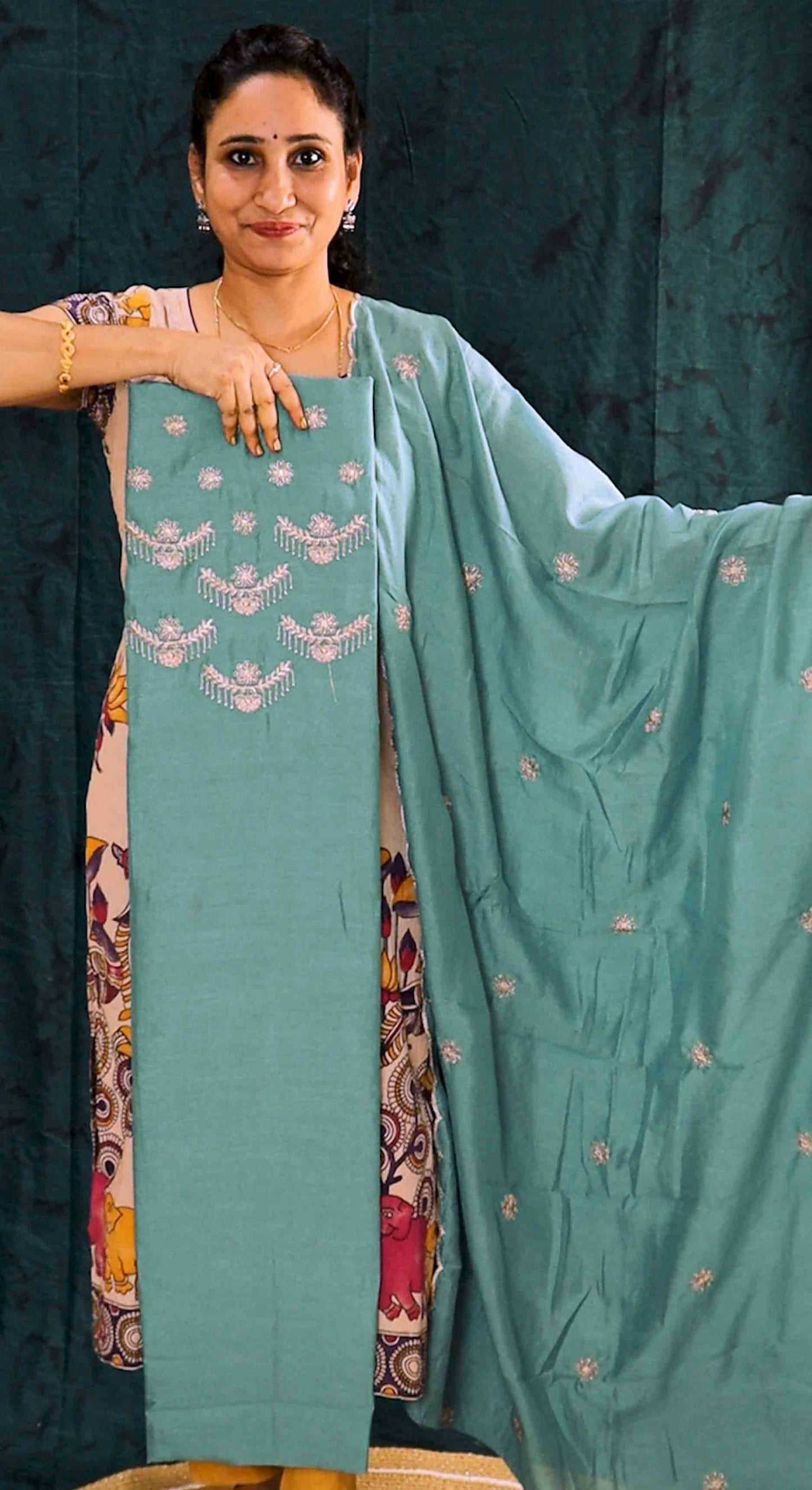 DC255 | Vichitra 3 Piece Dress Material with Thread & Sequence Work