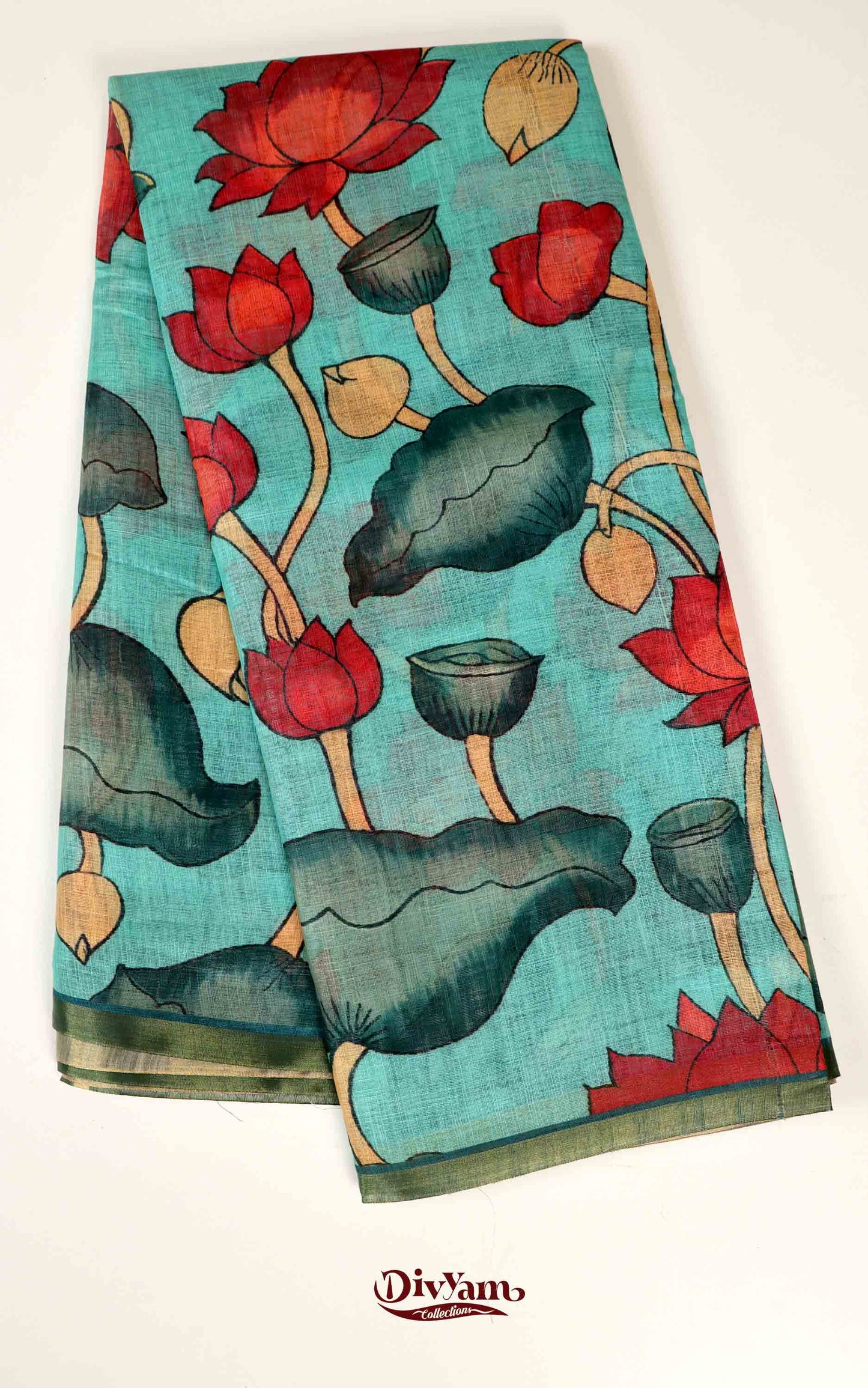 DC167 | Linen Cotton Saree with Pen Kalamkari Lotus Design | Pastel Shades | Artistic Blouse