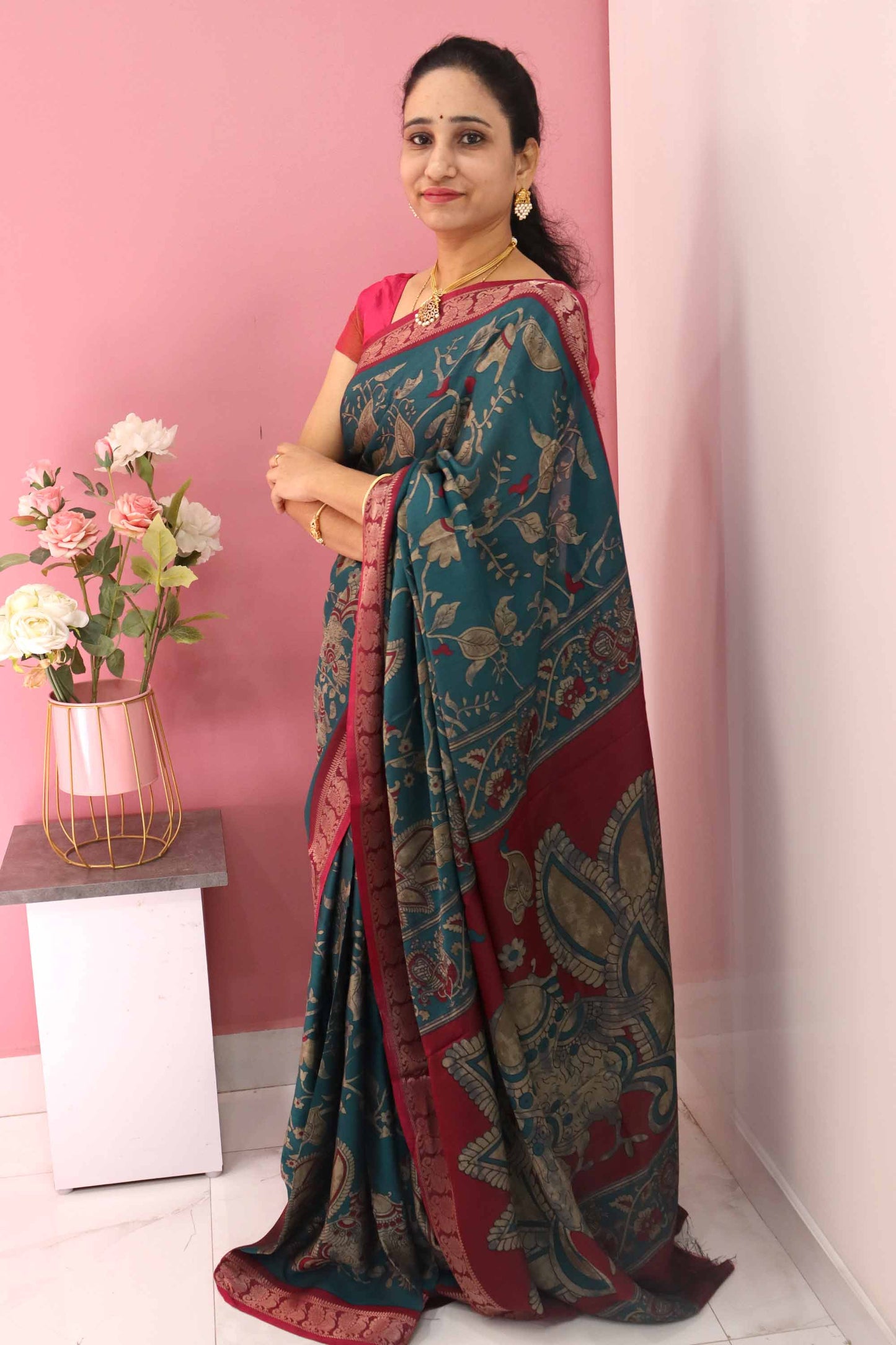 DC102 | Maheshwari Silk Saree | Narayanapattu Border & Kalamkari Print | 6 Beautiful colours