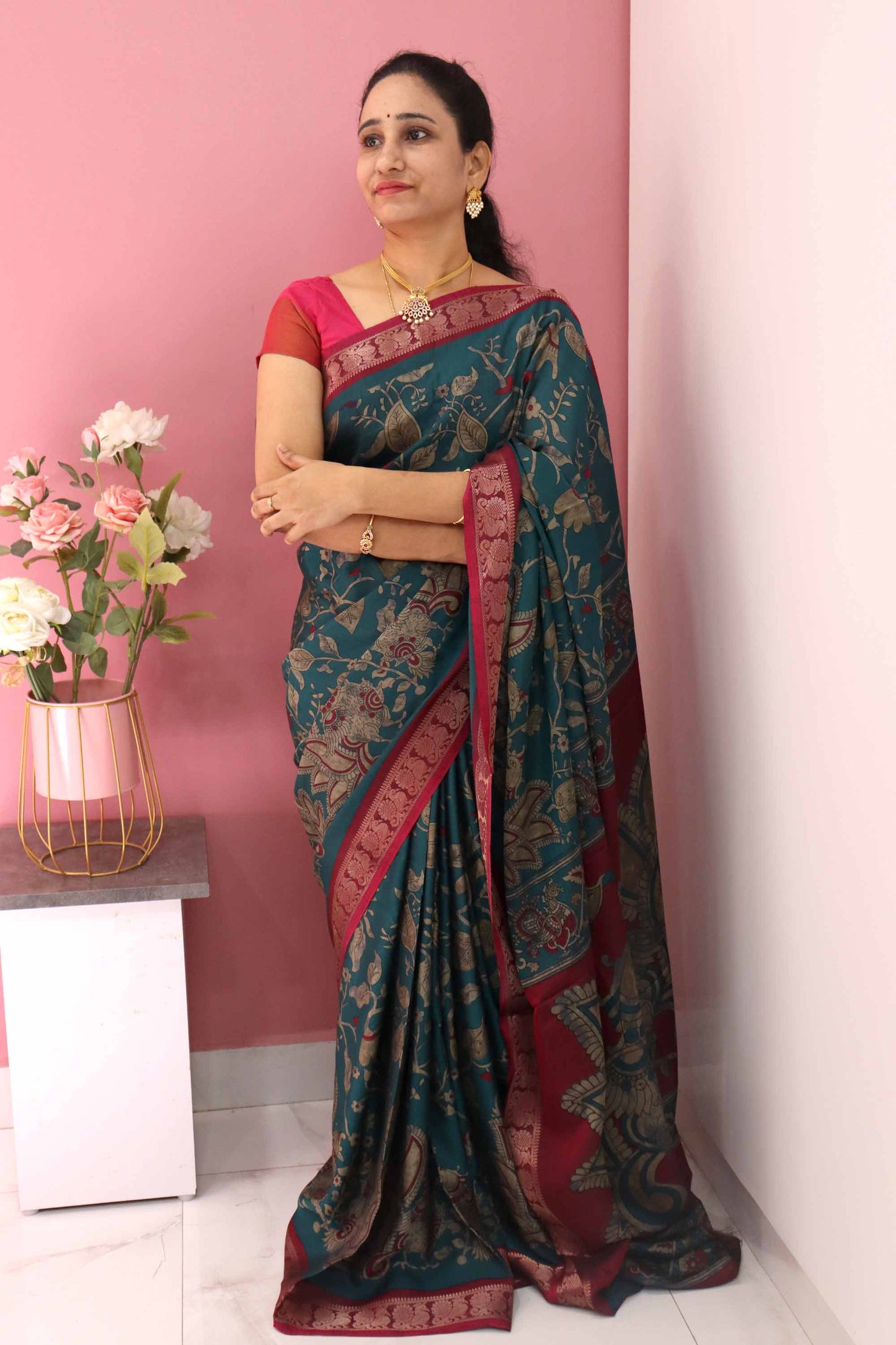 DC102 | Maheshwari Silk Saree | Narayanapattu Border & Kalamkari Print | 6 Beautiful colours