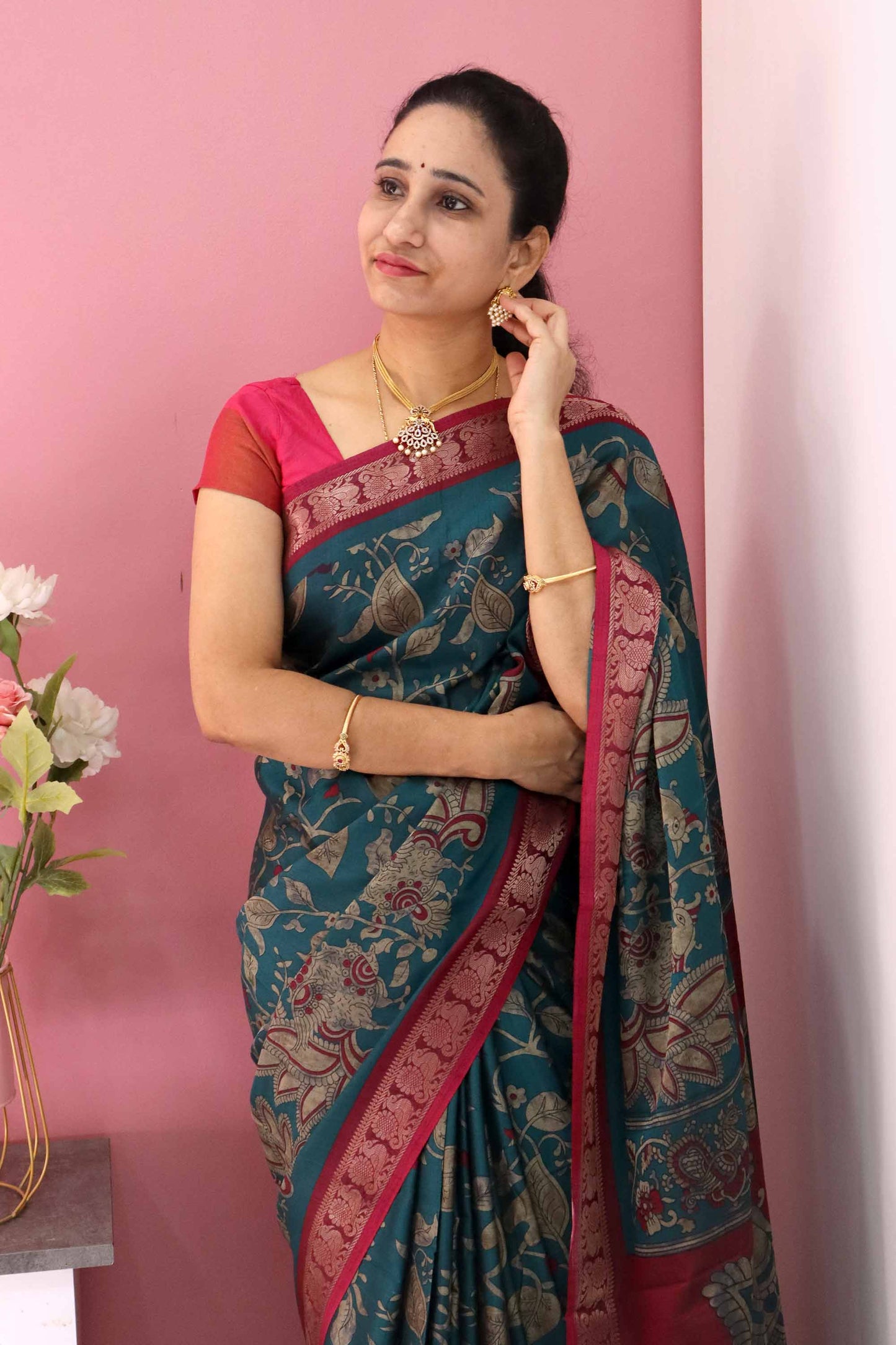 DC102 | Maheshwari Silk Saree | Narayanapattu Border & Kalamkari Print | 6 Beautiful colours