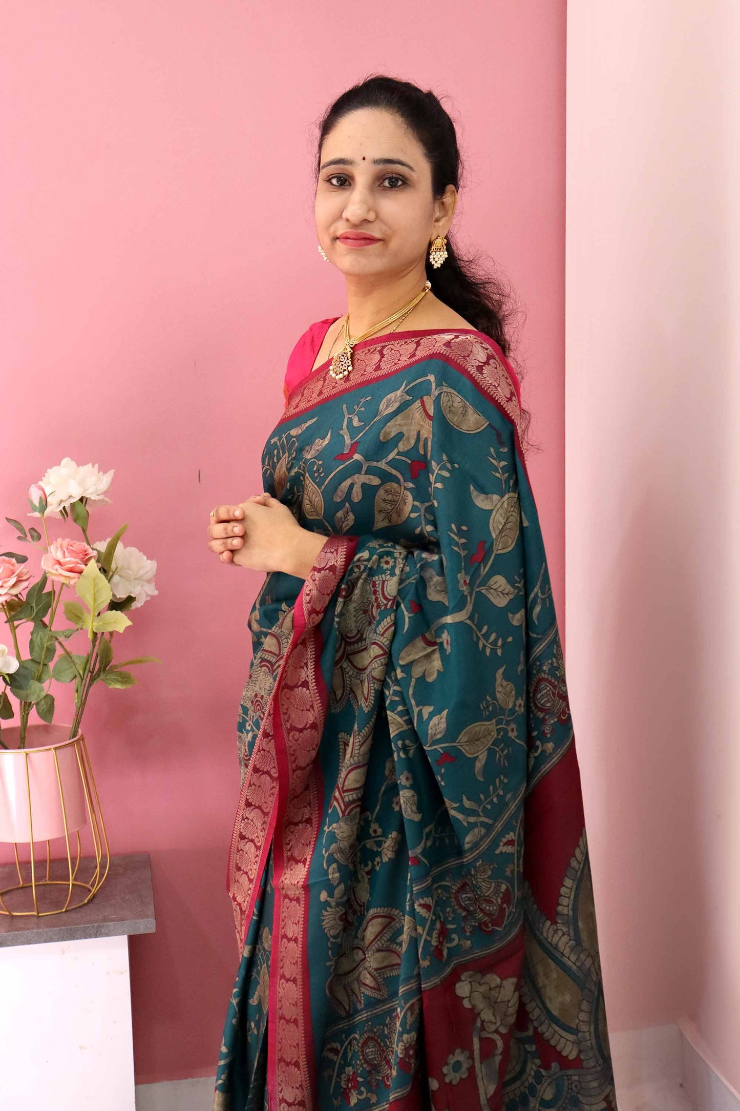 DC102 | Maheshwari Silk Saree | Narayanapattu Border & Kalamkari Print | 6 Beautiful colours