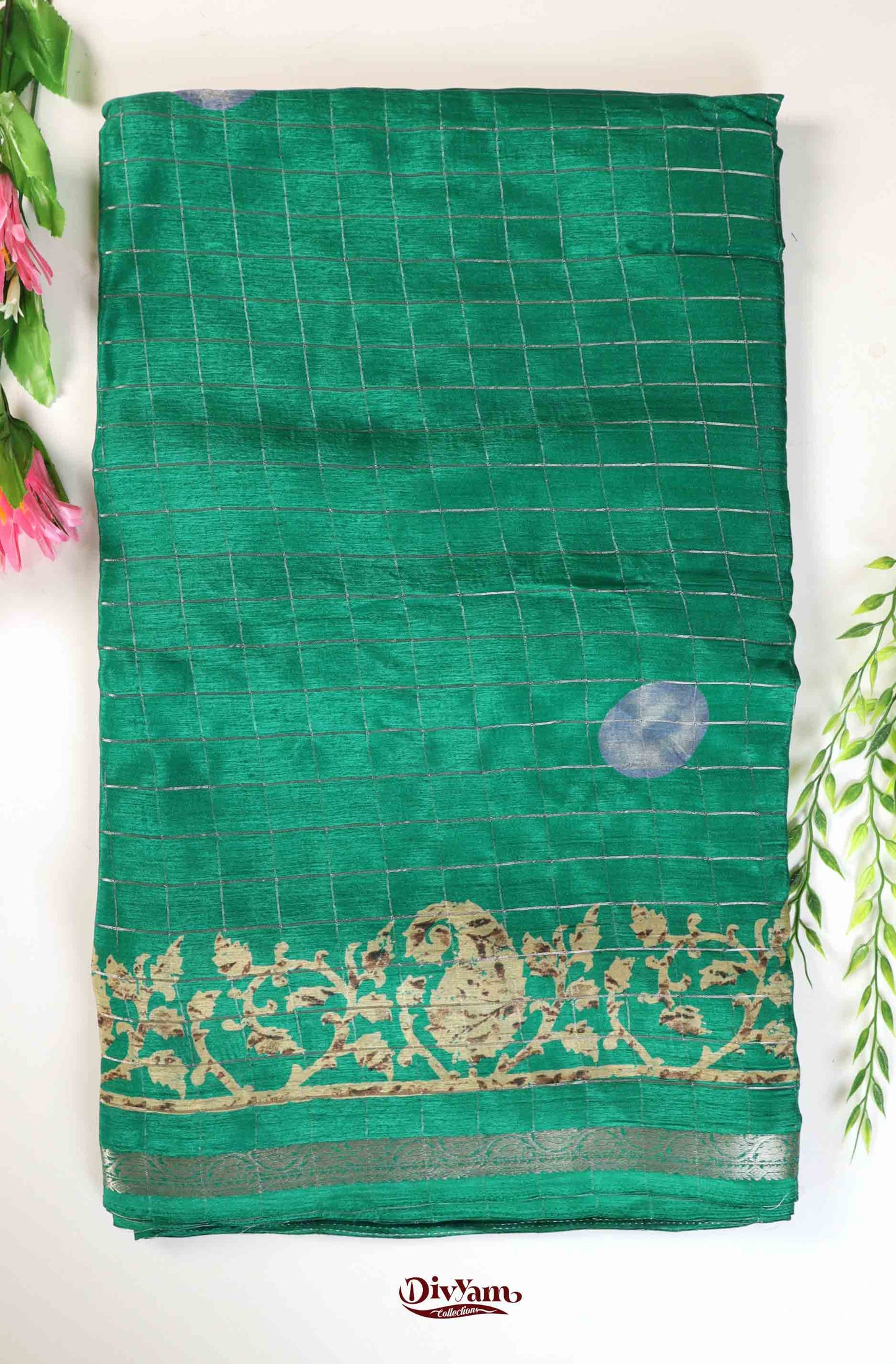 DC225 | Premium Chinon Crêpe Saree with Jari Checks & Floral Accents