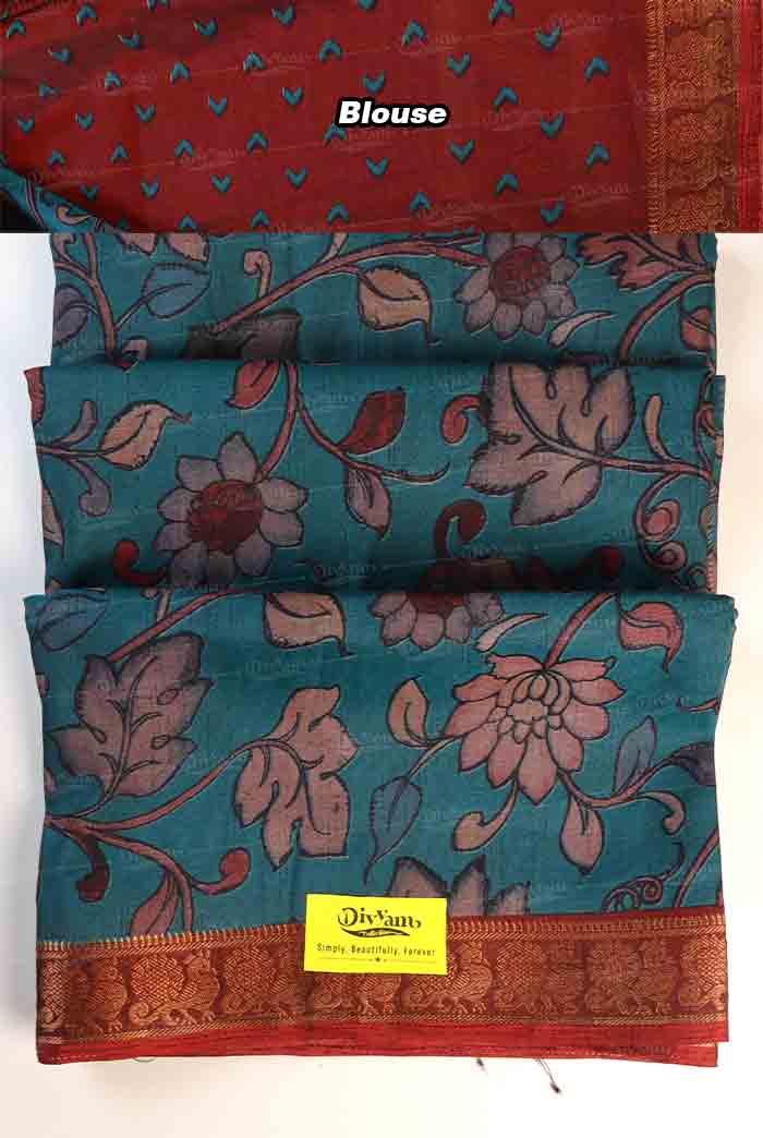 DC295 | Maheshwari Silk Saree with Kalamkari Floral Design & Running Blouse