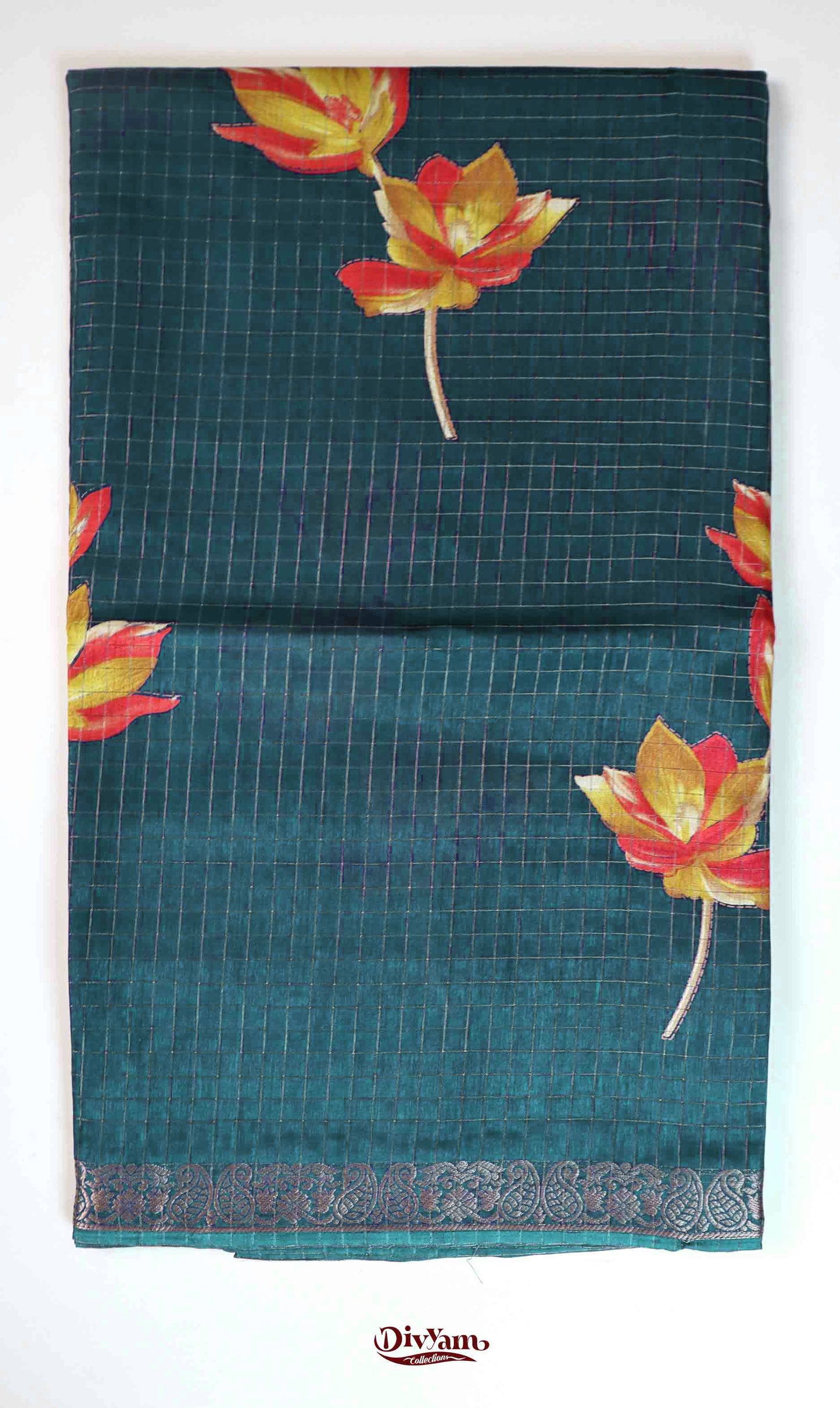 DC183 | Mangalagiri-Inspired Style | Dola Silk Jari Checks Saree with Floral Print & Running Blouse