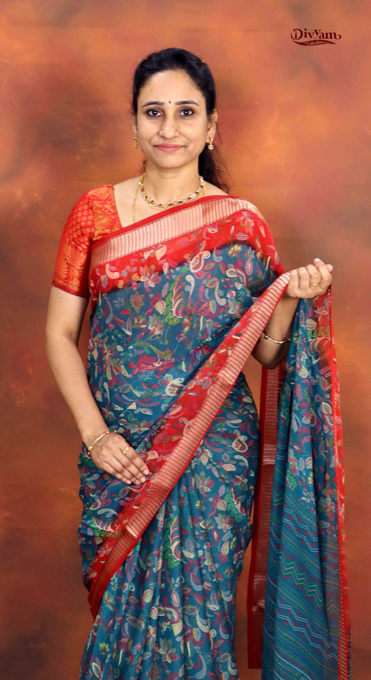 DC188 | Soft Georgette Kalamkari Print Saree with Jari Piping Border & Contrast Blouse