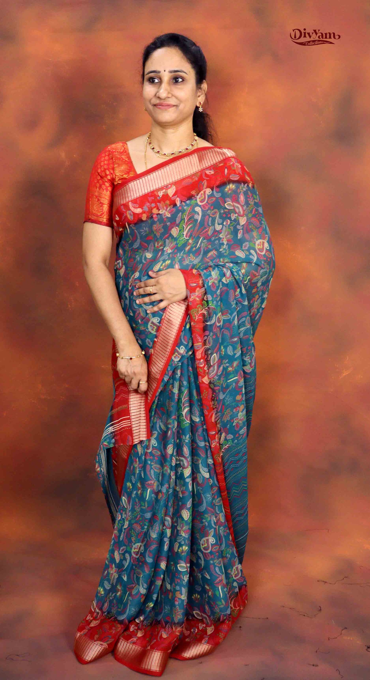 DC188 | Soft Georgette Kalamkari Print Saree with Jari Piping Border & Contrast Blouse