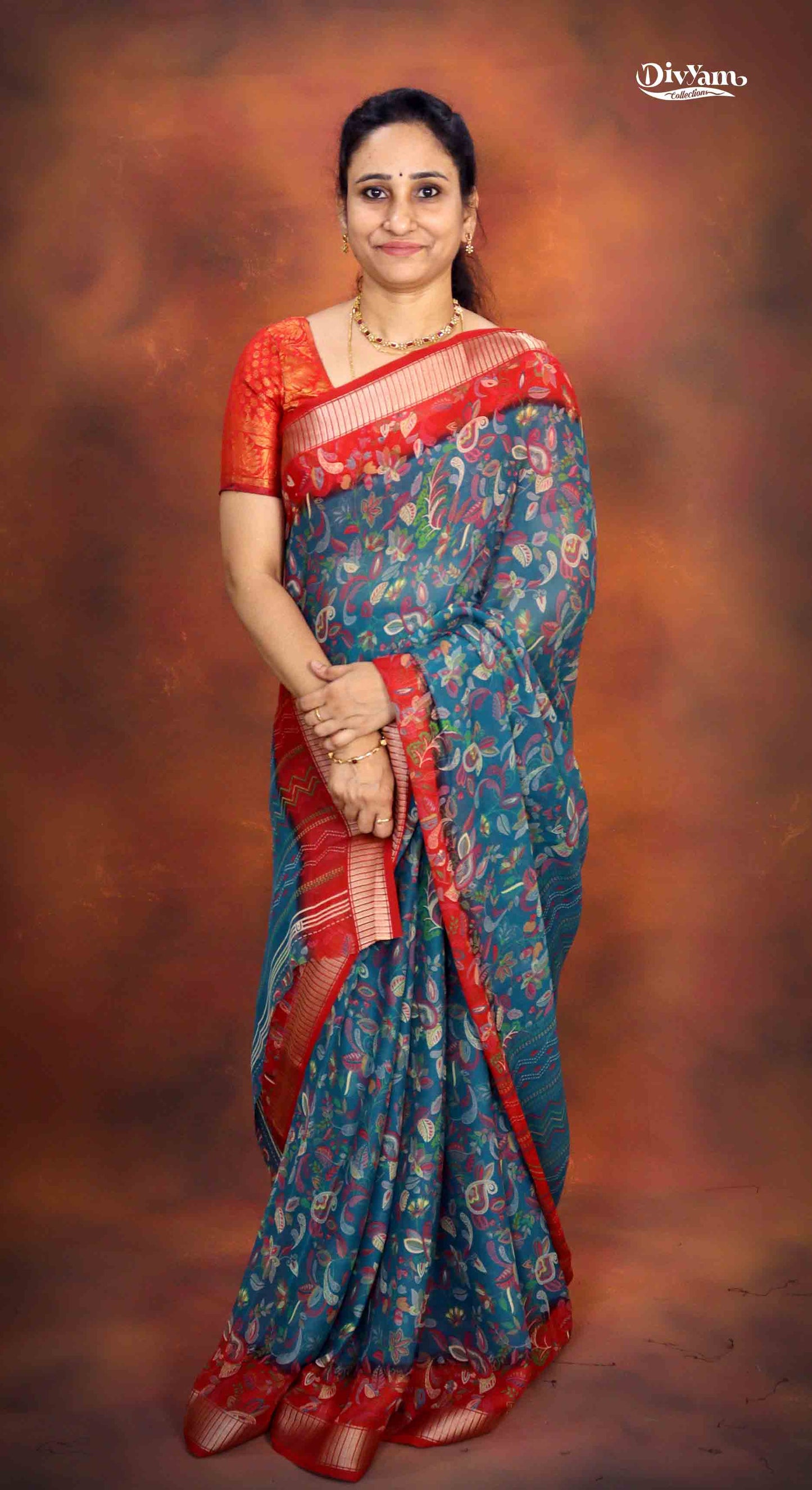 DC188 | Soft Georgette Kalamkari Print Saree with Jari Piping Border & Contrast Blouse