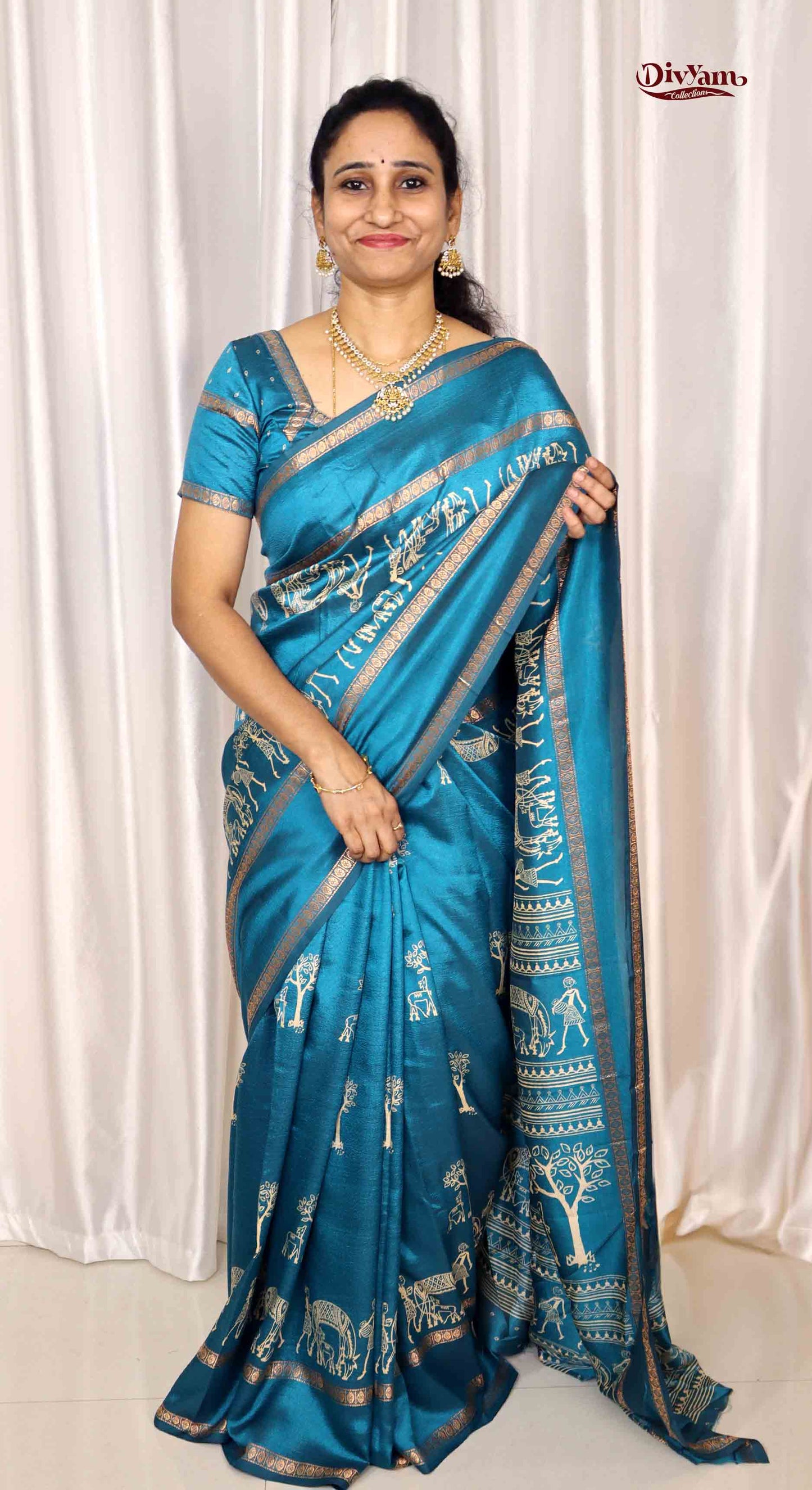 DC232 | Fancy Soft Silk Saree with Warli Adivasi Design & Zari Gap Border