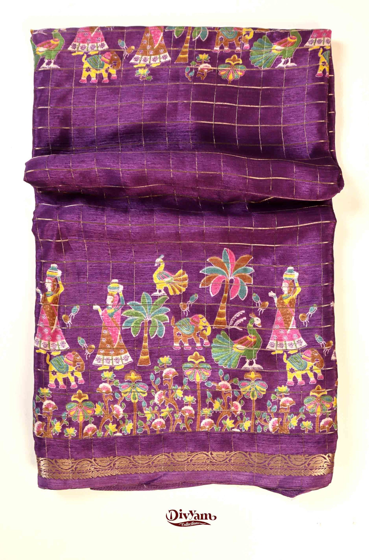 DC177 | Premium Chinon Crêpe Pattachitra Hand-Painted Saree with Jari Checks & Floral Accents